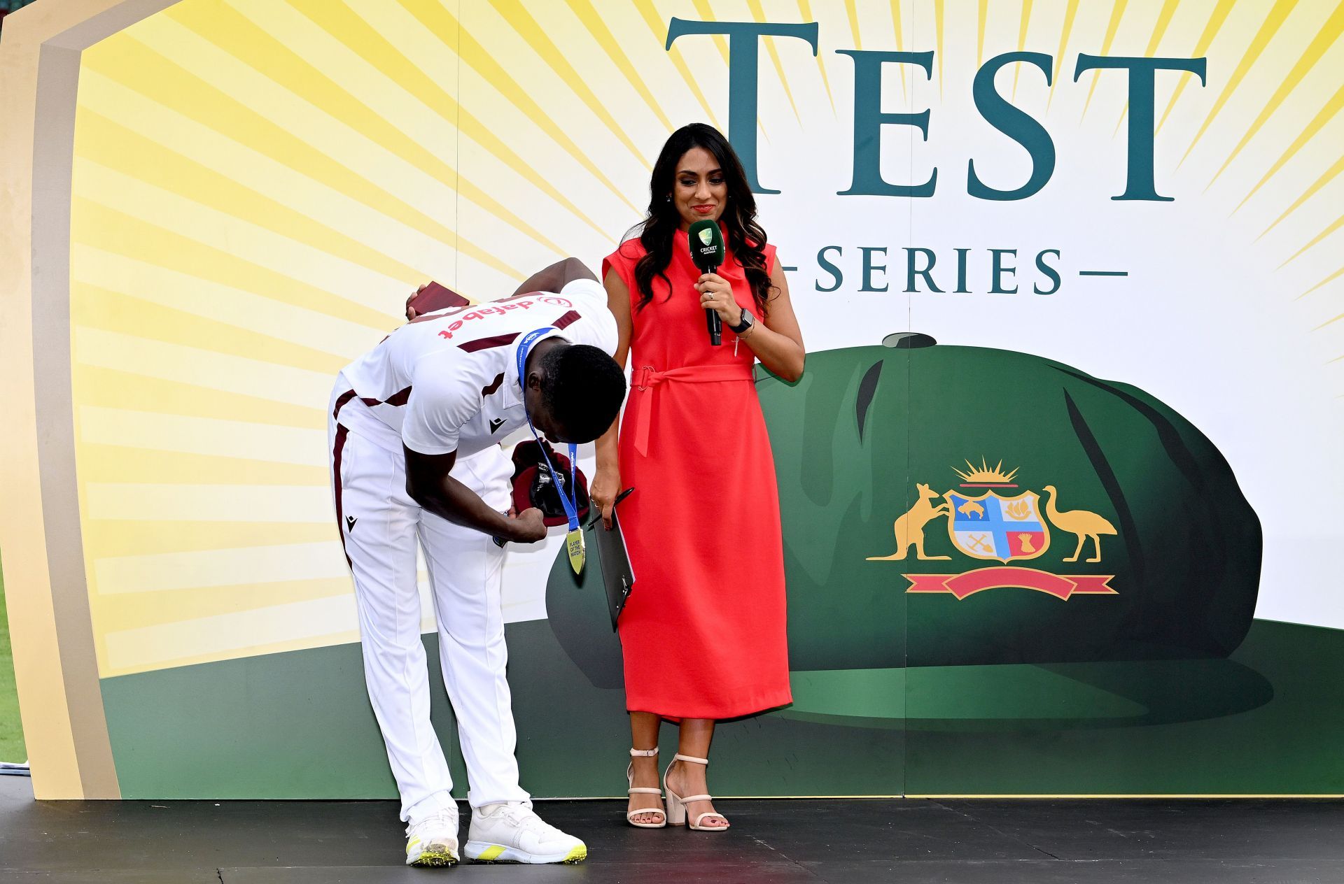 Shamar Joseph takes a bow after winning the Man of the Match and Man of the Series against Australia. (Pic: Getty Images)