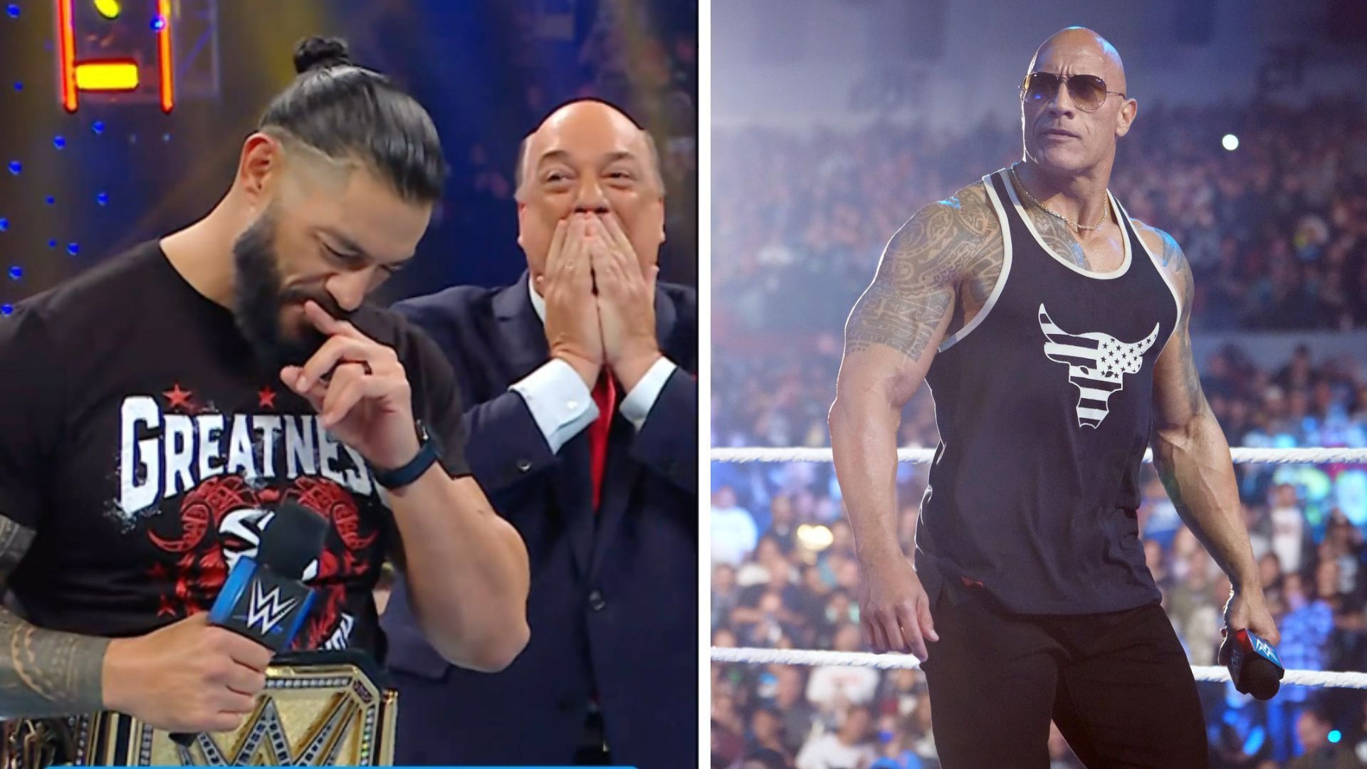 Roman Reigns with Paul Heyman on the left and The Rock on the right