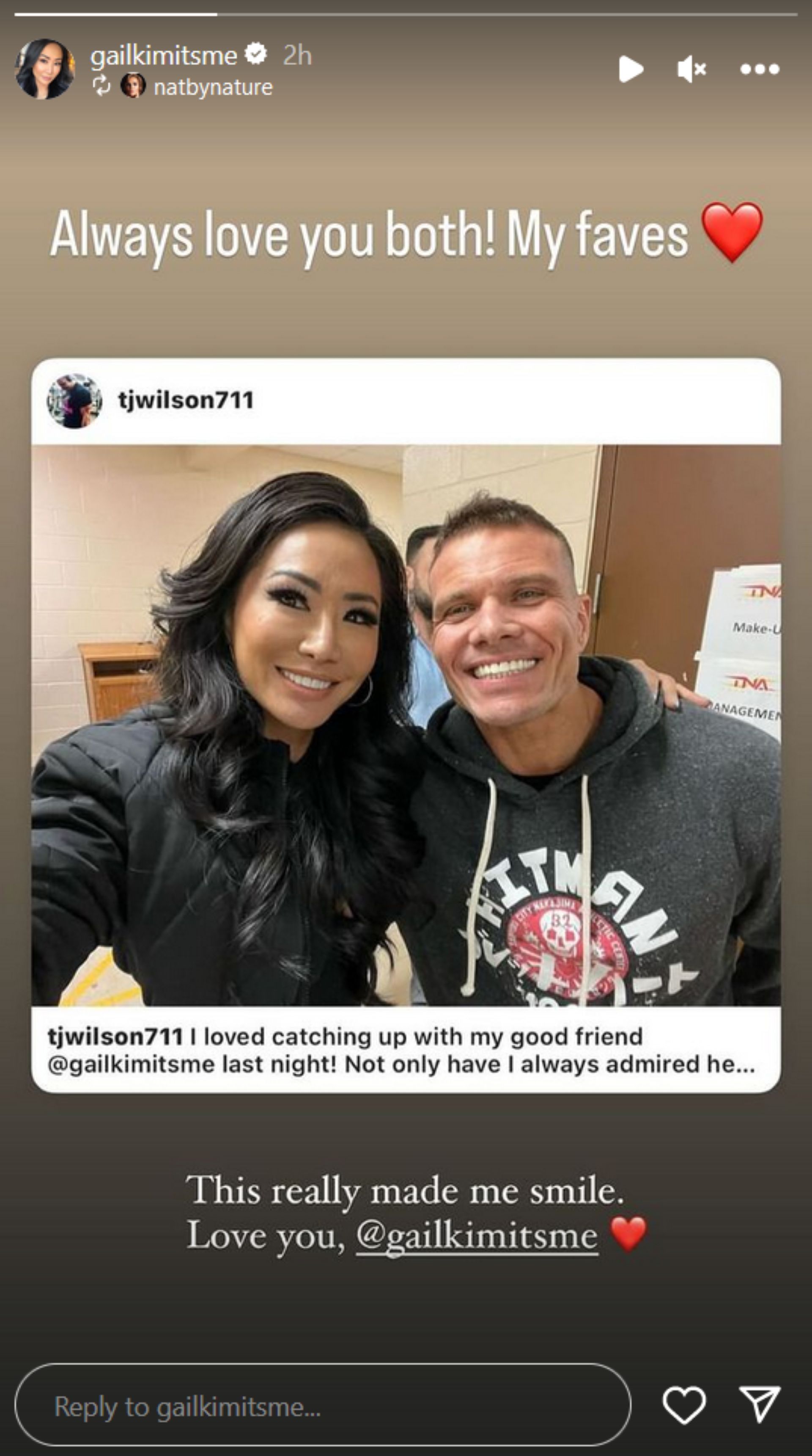 Screenshot of Gail Kim&#039;s post to Natalya on Instagram Stories