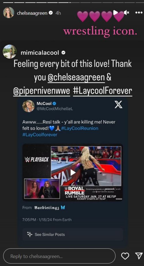 Screenshot of Chelsea Green's reply to Michelle McCool on Instagram Stories