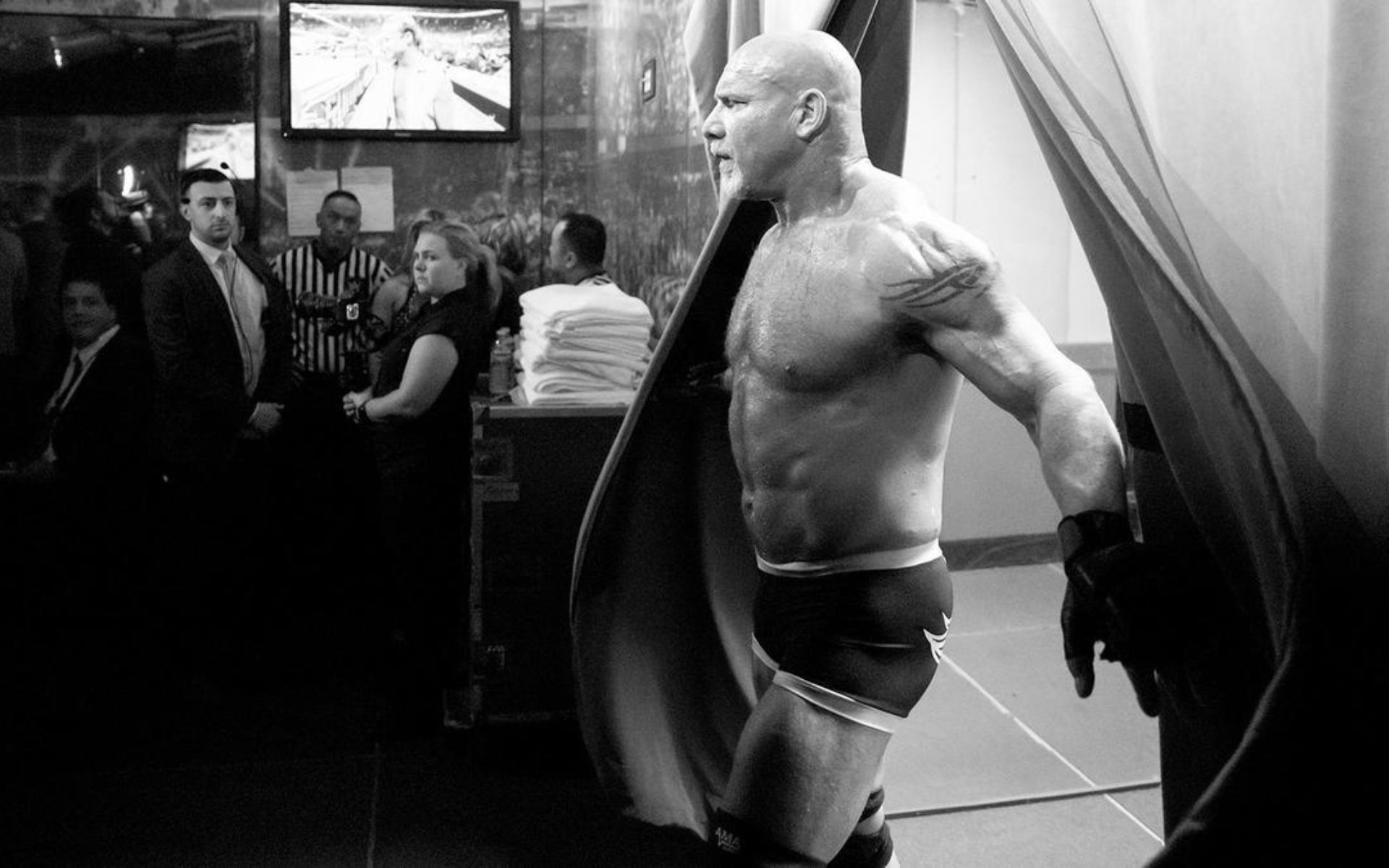 WWE Hall of Famer Bill Goldberg backstage at a WWE event.