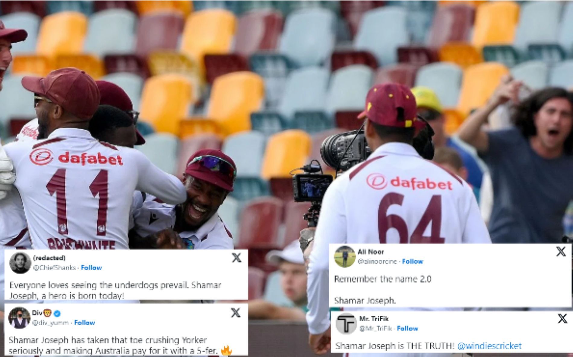 Shamar Joseph mobbed by teammates after the final Australian wicket