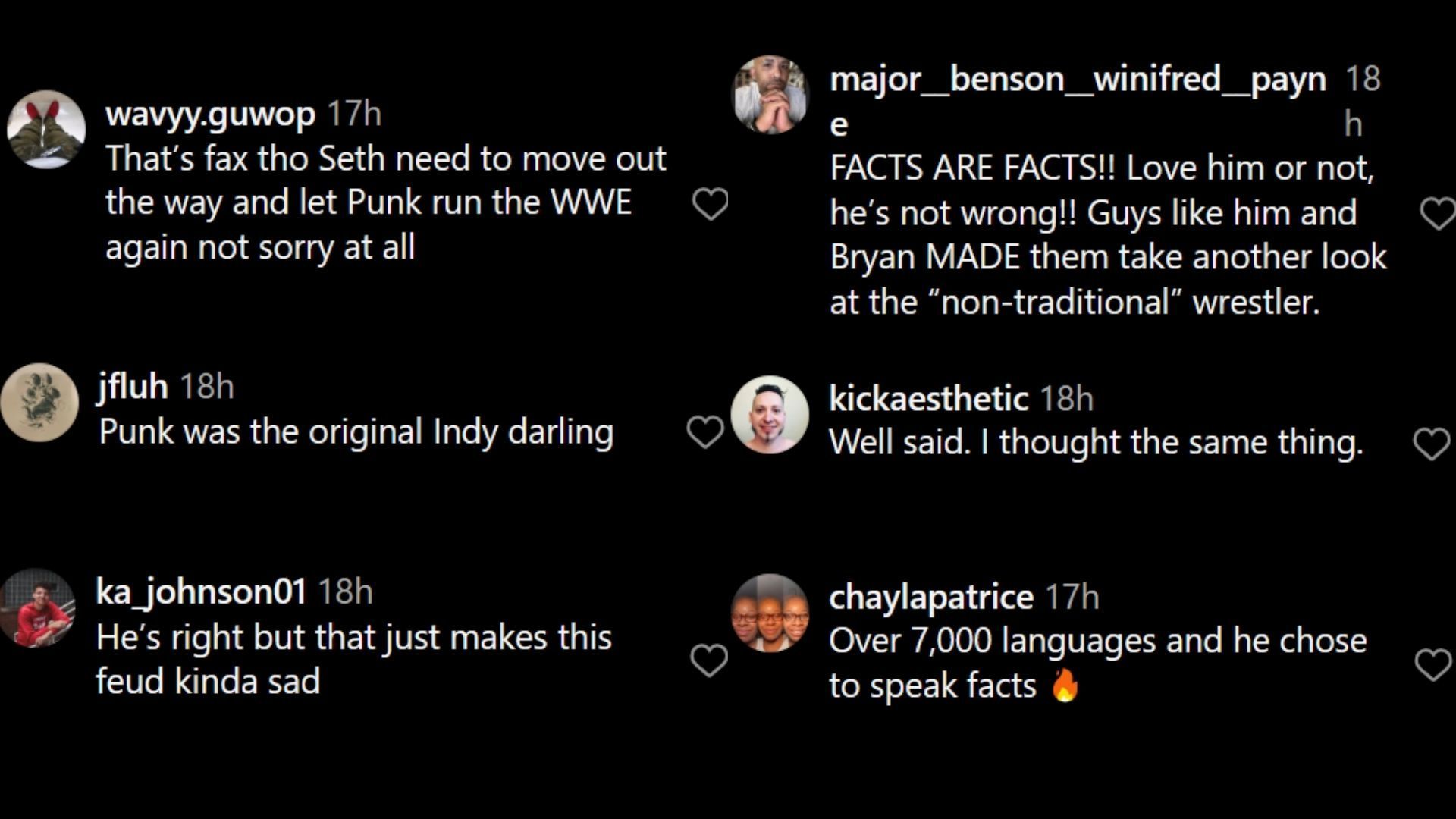 Screengrab of comments on WWE&#039;s Instagram post.