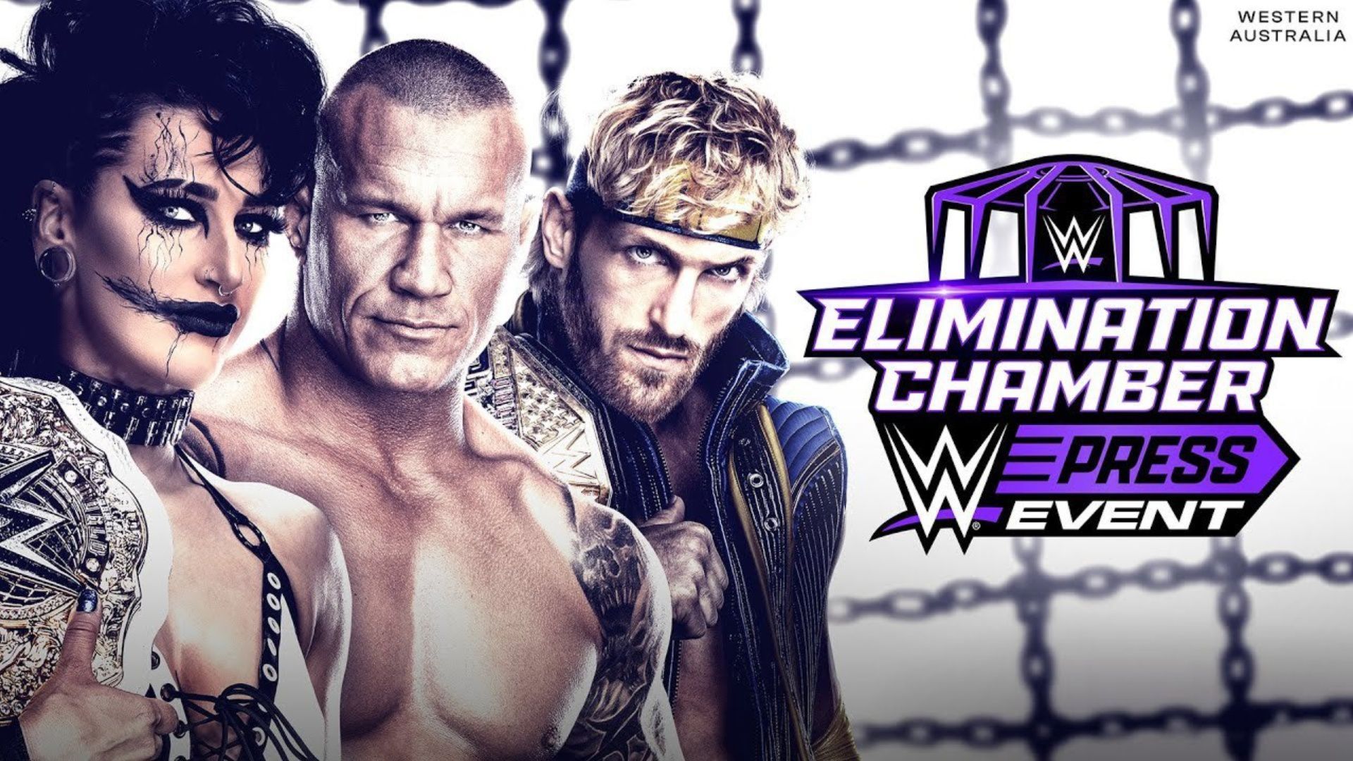 Rhea Ripley, Randy Orton, and Logan Paul featured on the WWE Elimination Chamber Press Event Poster.