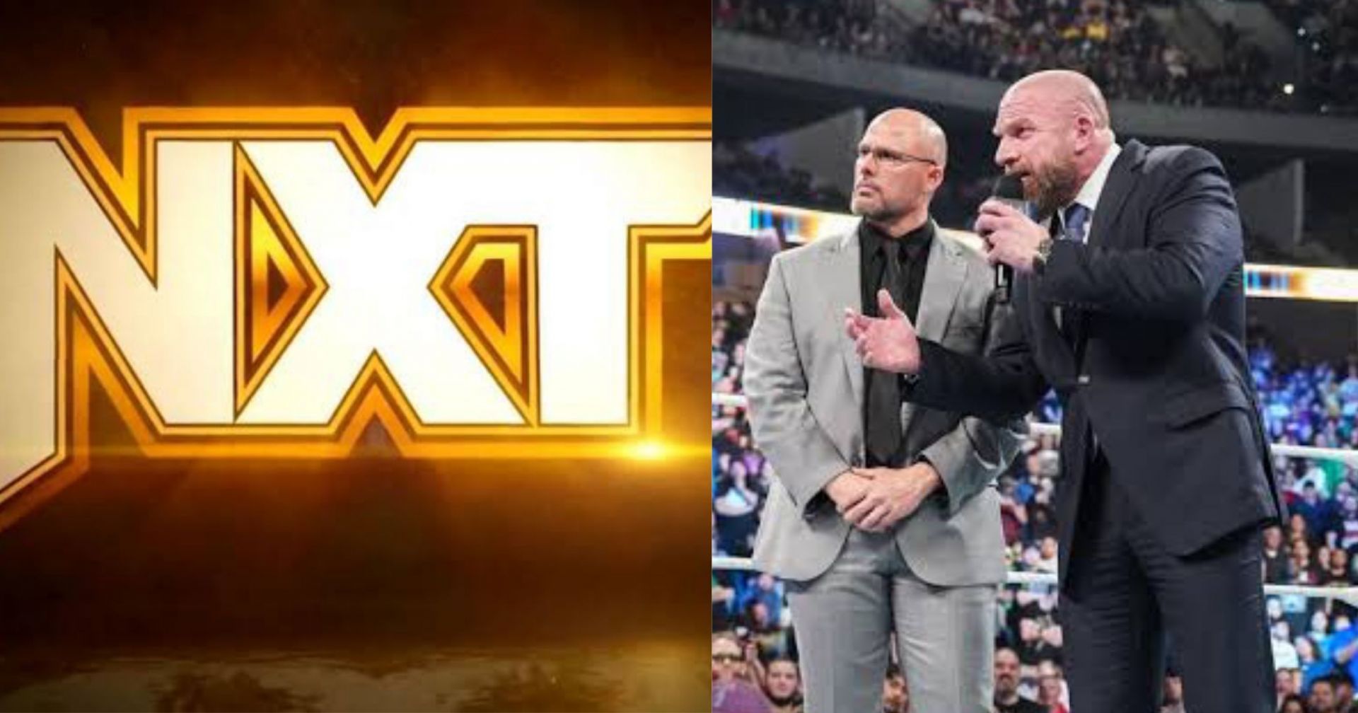 WWE NXT logo [left], Triple H &amp; Adam Pearce [right]