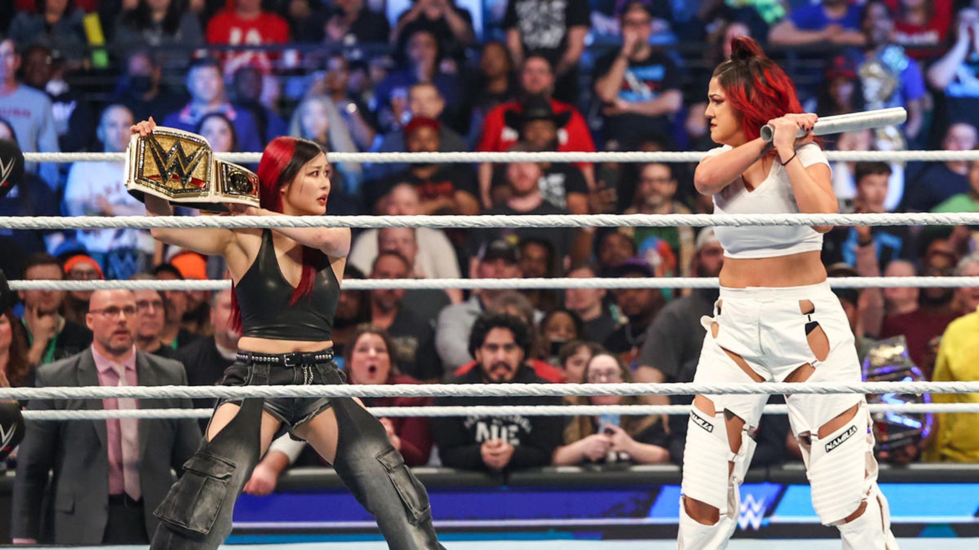 The scene of Bayley and Iyo Sky last week on SmackDown