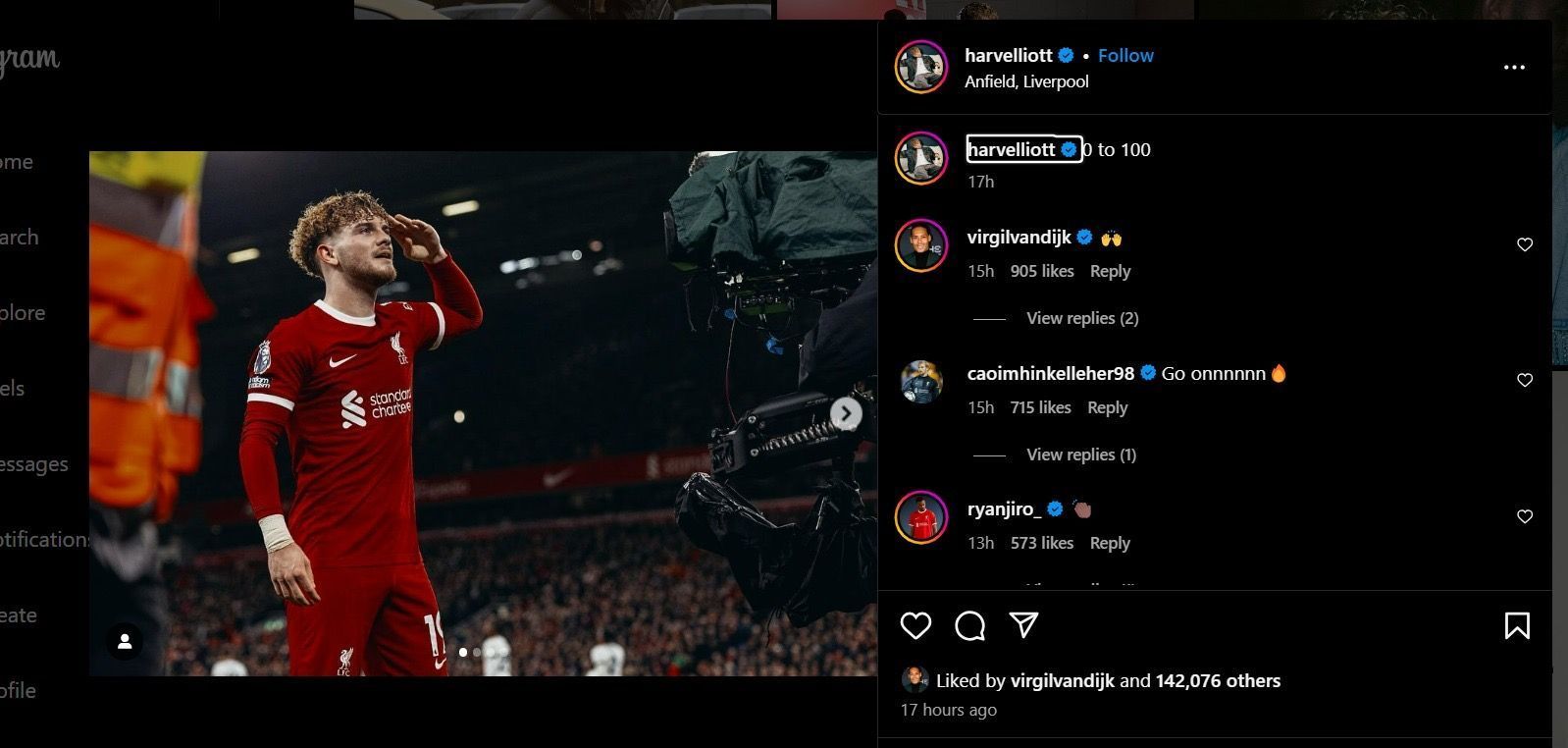 Van Dijk and Gravenberch&rsquo;s comments on Harvey Eliiott Instagram page