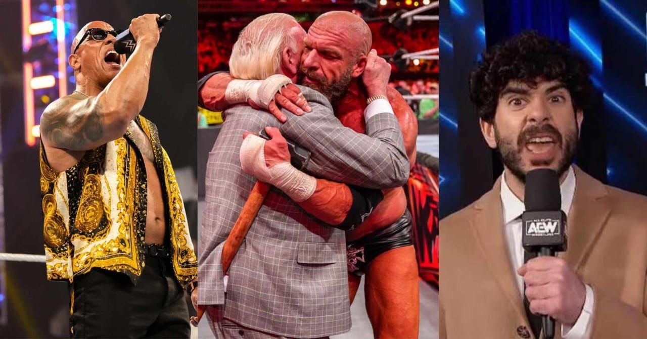 The Rock [L], Ric Flair and Triple h [C], Tony Khan [R Via AEW Dynamite on TBS]