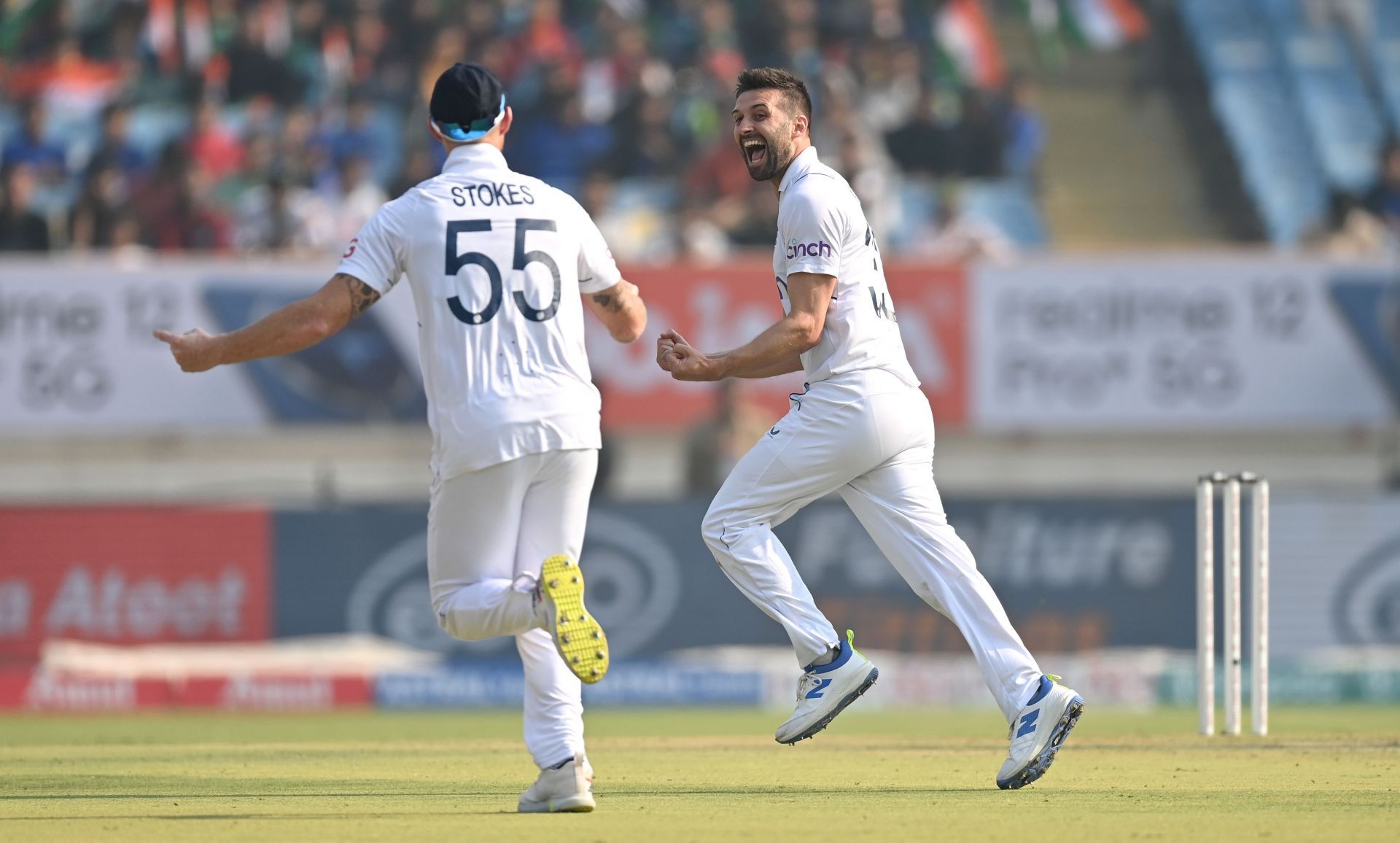 Mark Wood celebrates after dismissing Shubman Gill: India v England - 3rd Test Match: Day One