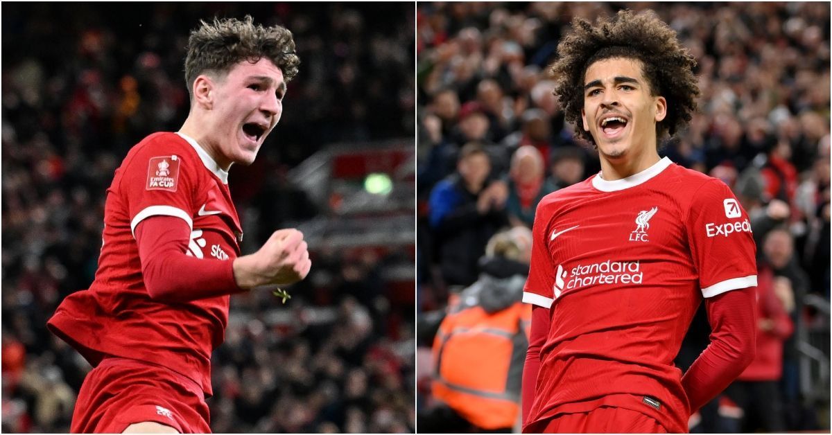 Lewis Koumas and Jayden Danns both celebrate their first goals for Liverpool. (X/@premierleague, Getty Images)