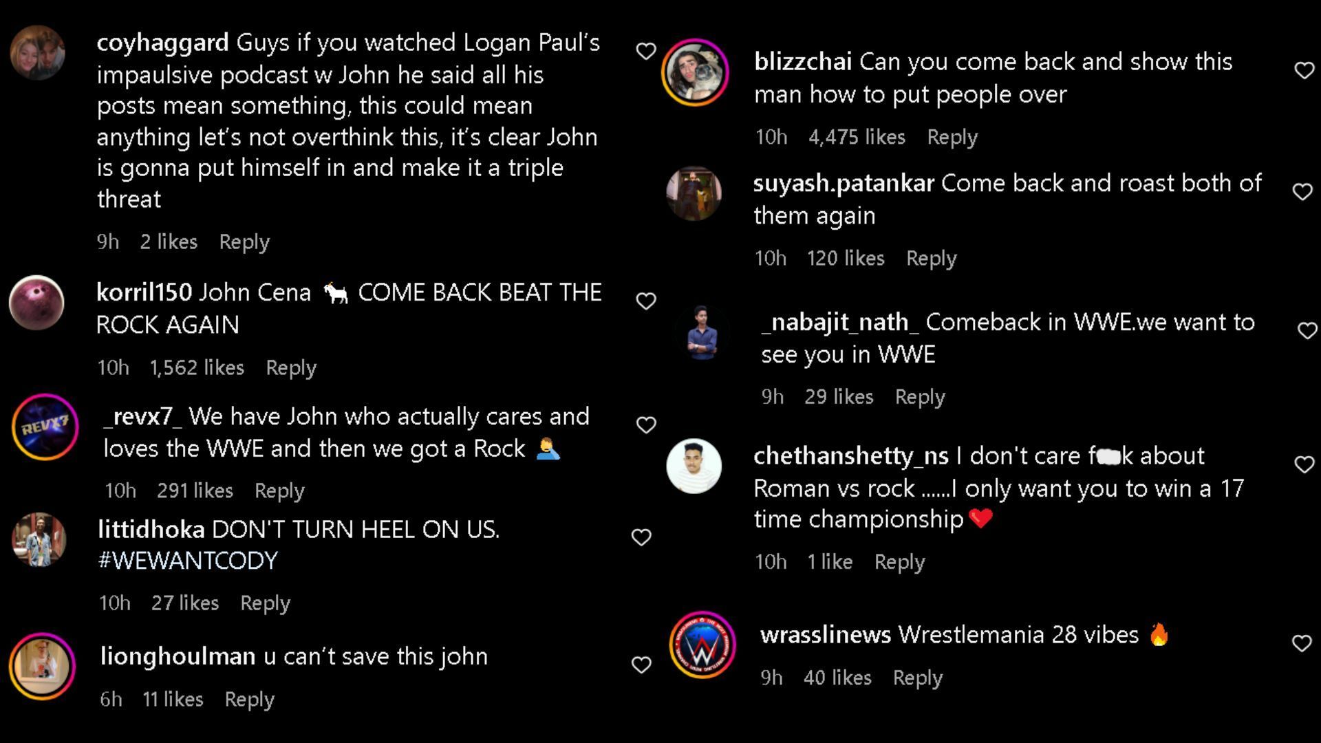 A screengrab of comments on John Cena&#039;s Instagram post.