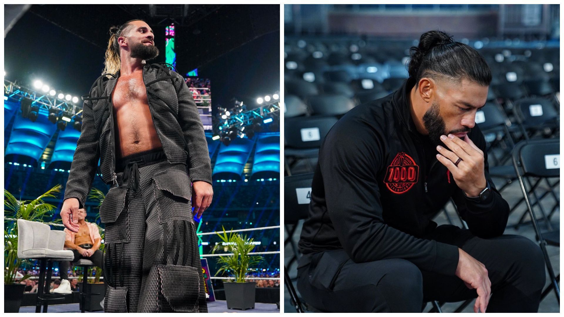 Seth Rollins (left) and Roman Reigns (right).