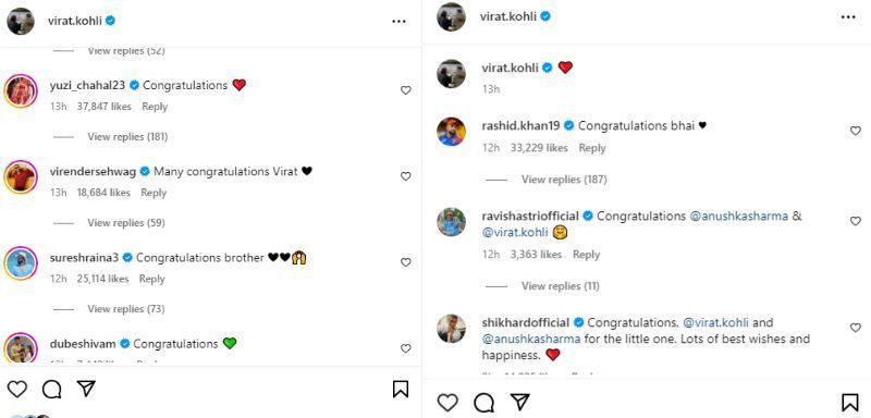 A number of cricketers shared wishes for Virushka on Instagram.