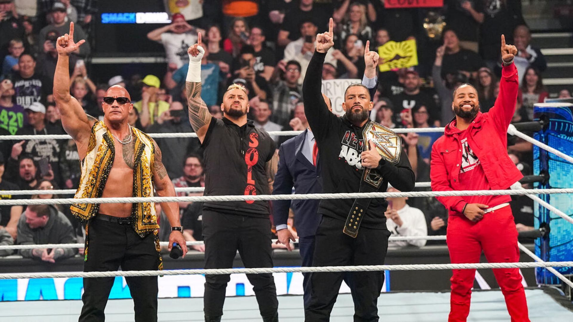 Dwayne Johnson with The Bloodline on SmackDown last week