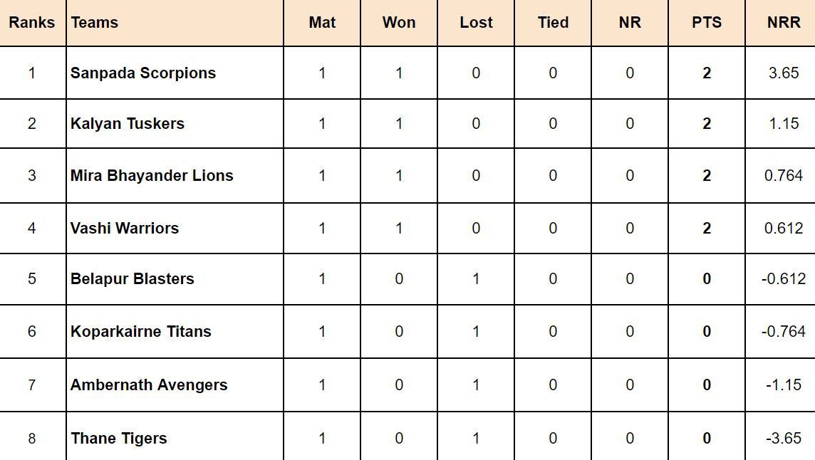 Navi Mumbai Premier League 2024 Points Table