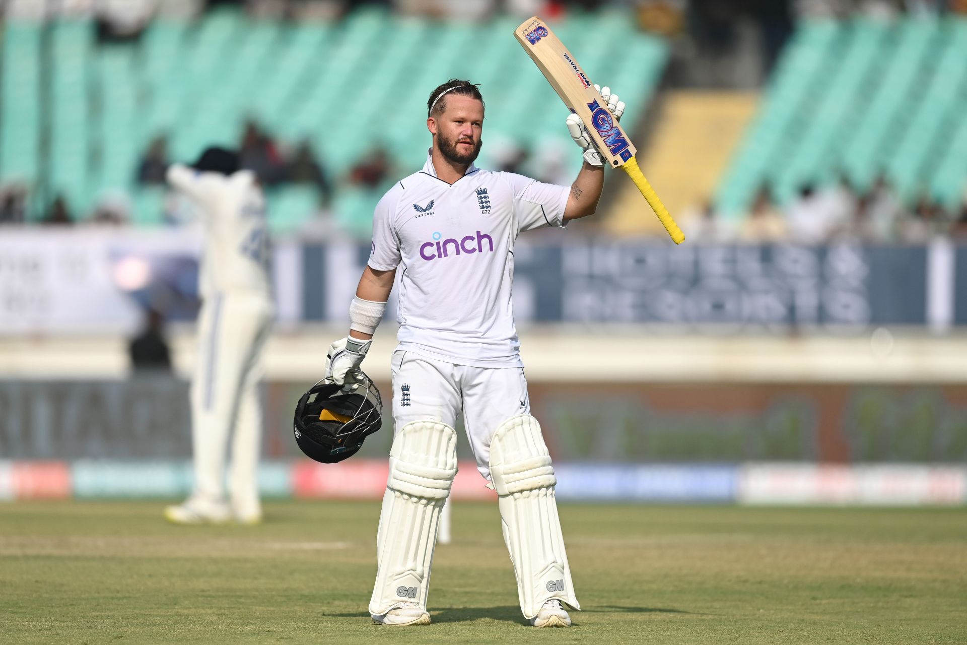 Ben Duckett celebrates his century: India v England - 3rd Test Match: Day Two