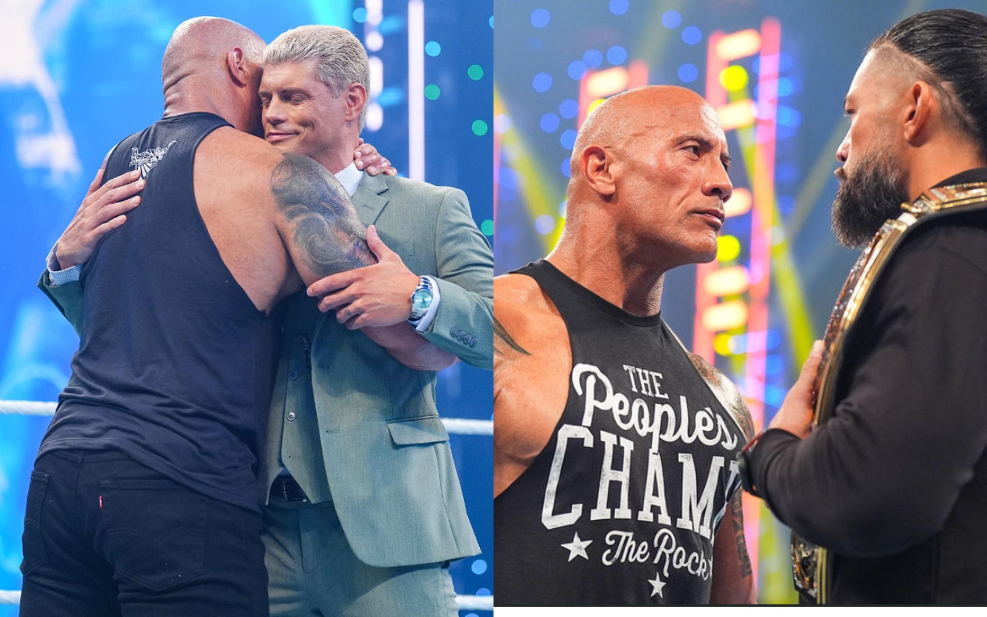 The Rock embracing Cody Rhodes on SmackDown; confronting Roman Reigns (Image source: WWE)