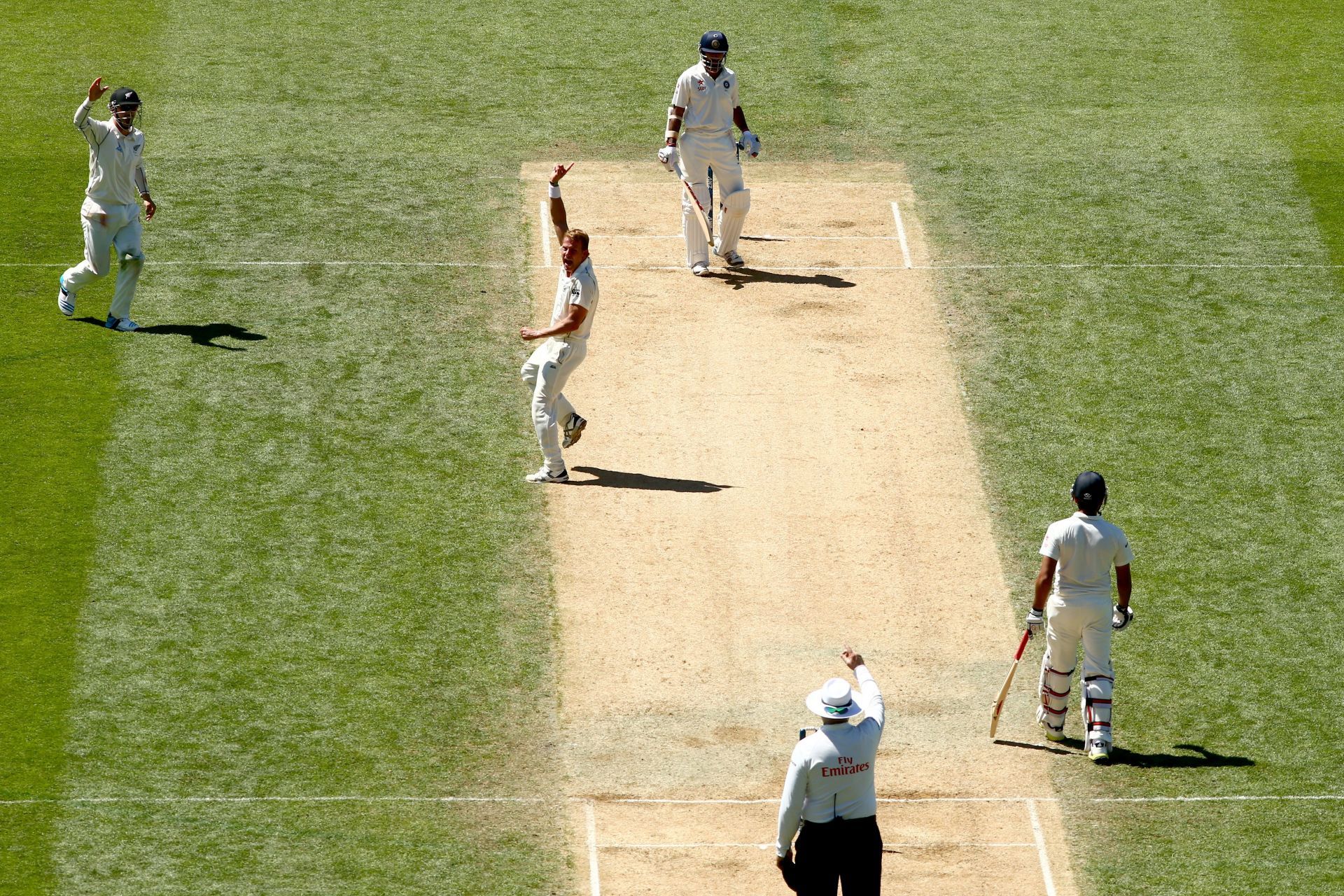 Neil Wagner celebrating the fall of Shikhar Dhawan.