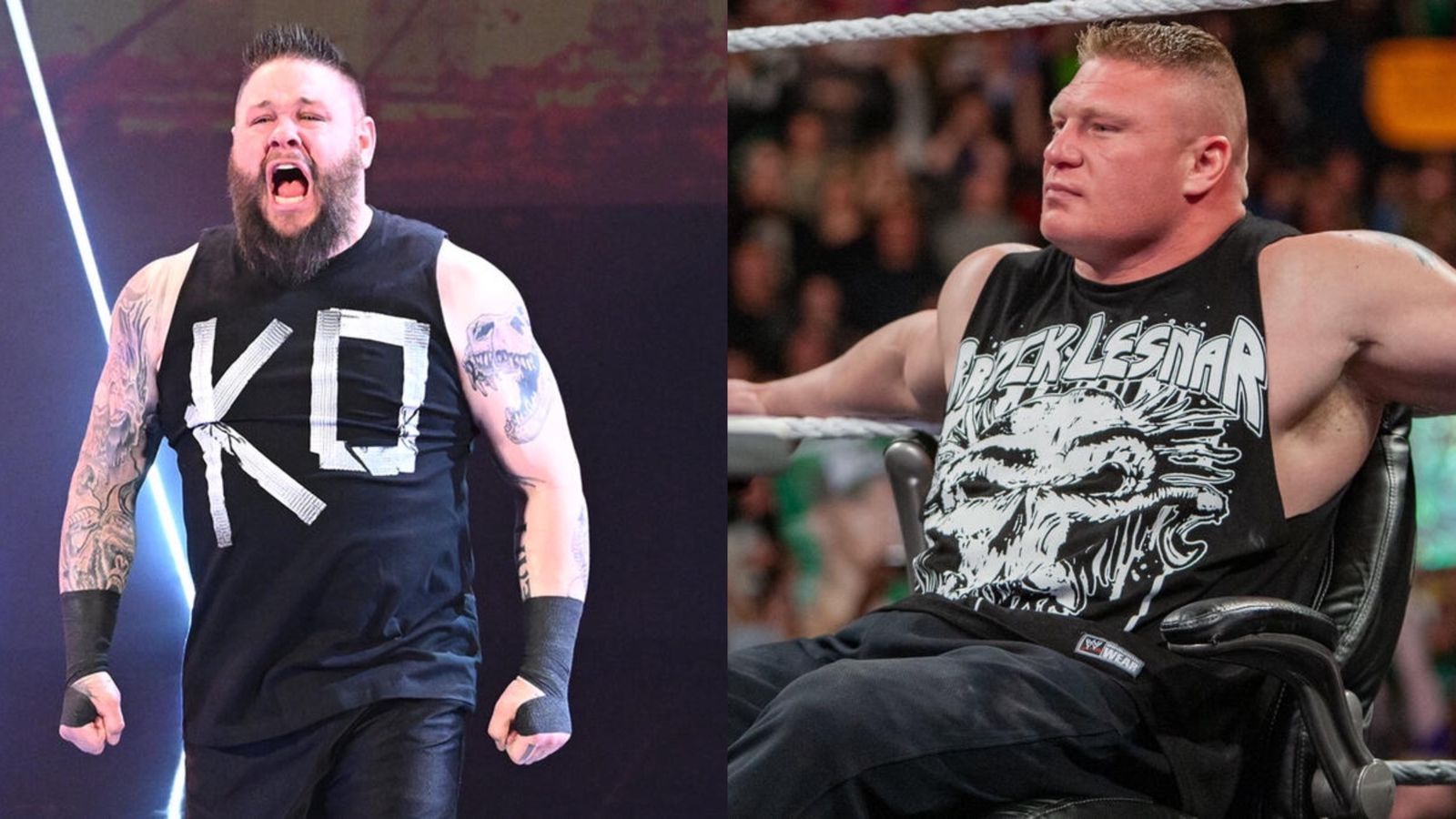 Kevin Owens (left); Brock Lesnar (right)