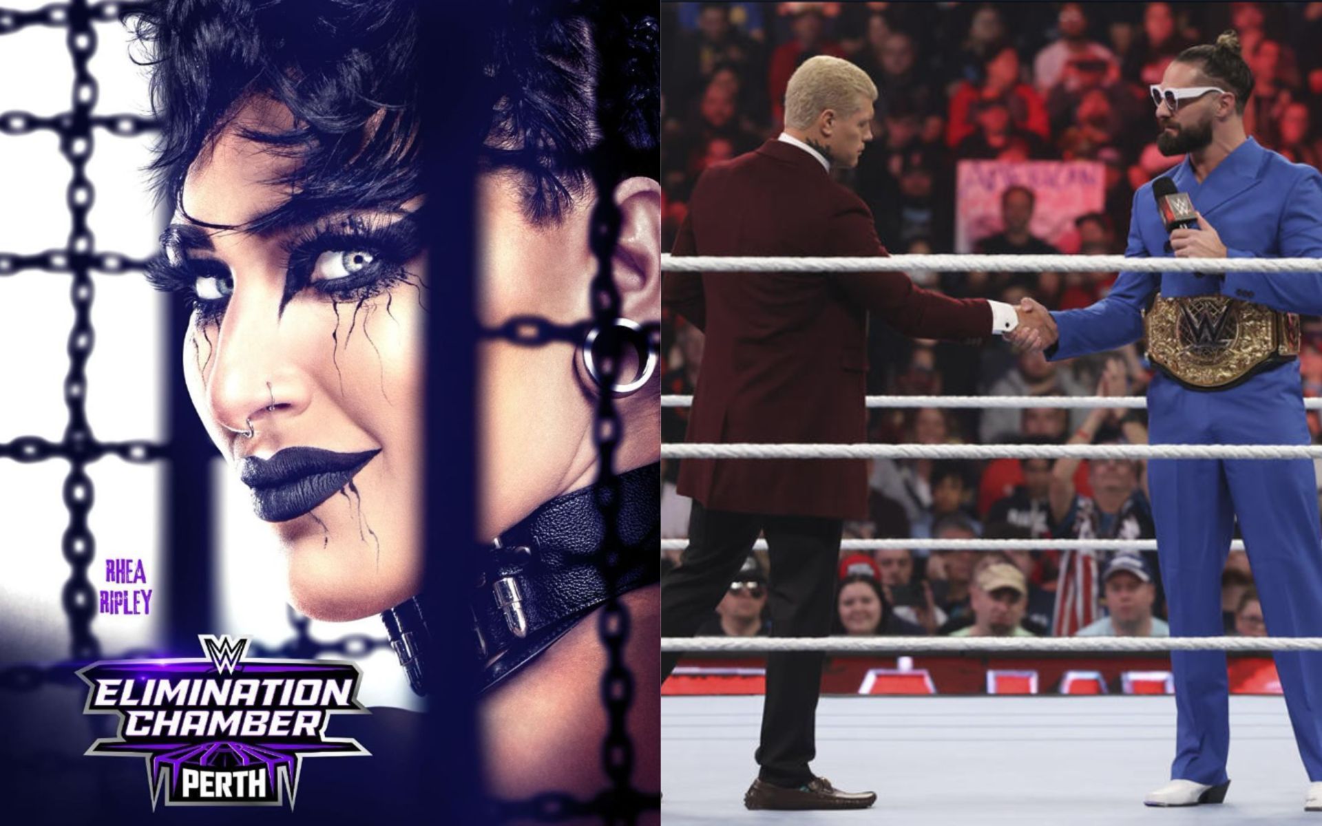 Rhea Ripley featured on the Elimination Chamber poster; Cody Rhodes and Seth Rollins on RAW last week (Image source: Rhea Ripley