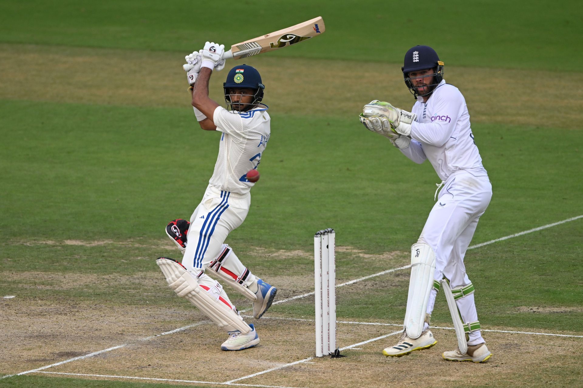 Axar Patel hits one straight to backward point: India v England - 2nd Test Match: Day One