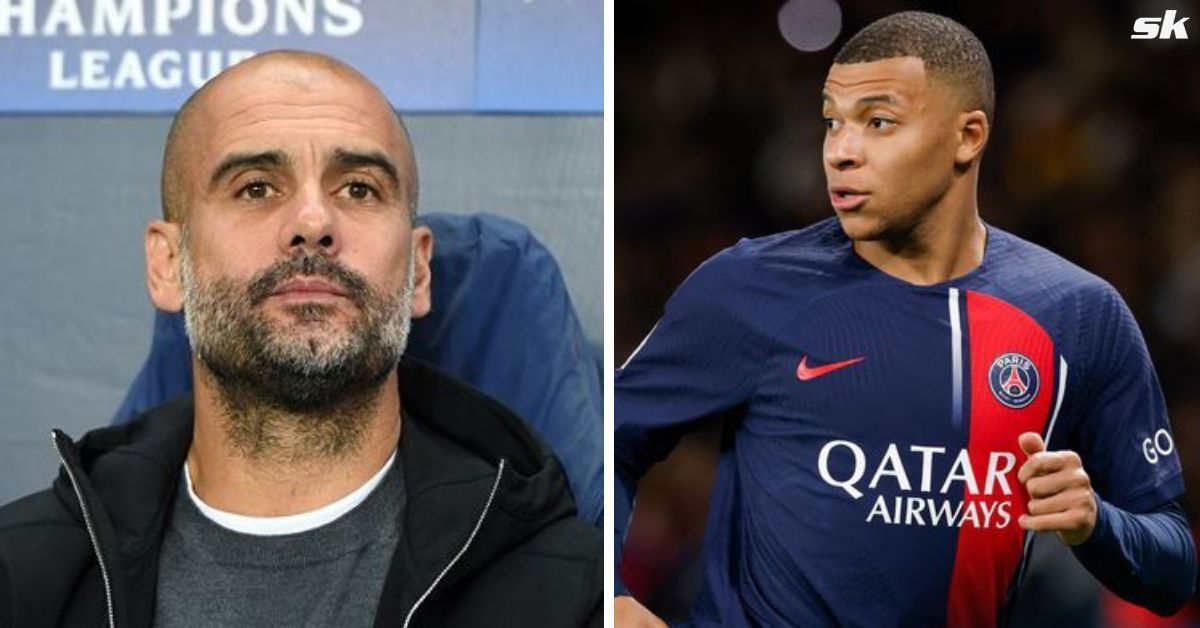 Pep Guardiola (left) and Kylian Mbappe