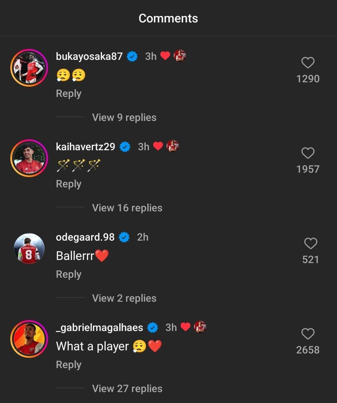 Comments from Arsenal players on Leandro Trossard&#039;s latest Instagram post.
