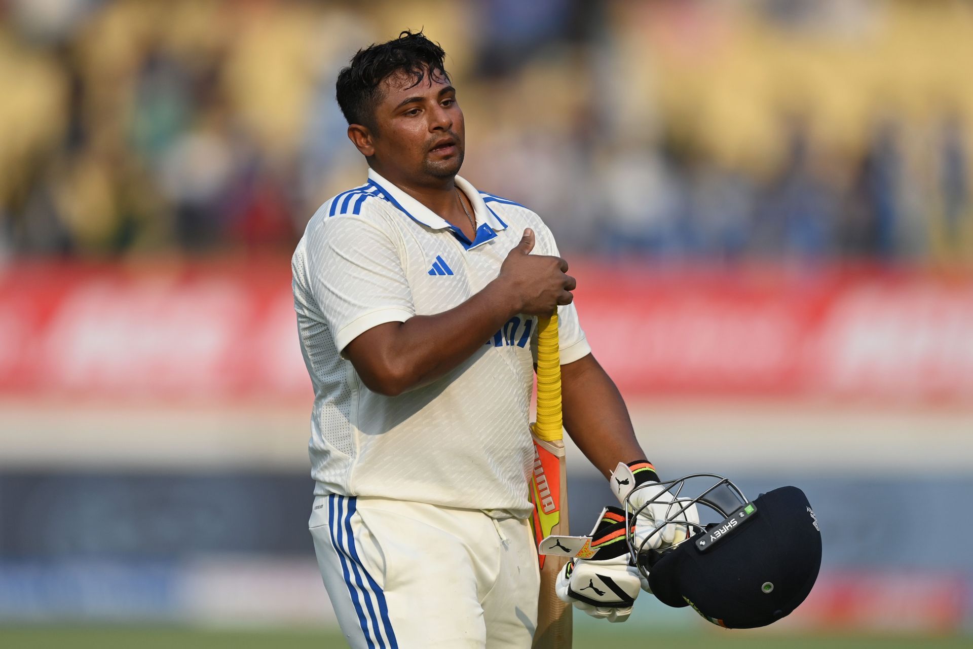 Sarfaraz Khan walks back after being dismissed: India v England - 3rd Test Match: Day One