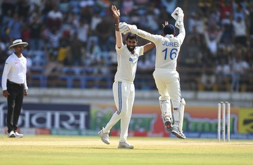 Jasprit Bumrah and Dhruv Jurel celebrate Zak Crawley's wicket. (Credits: Getty)