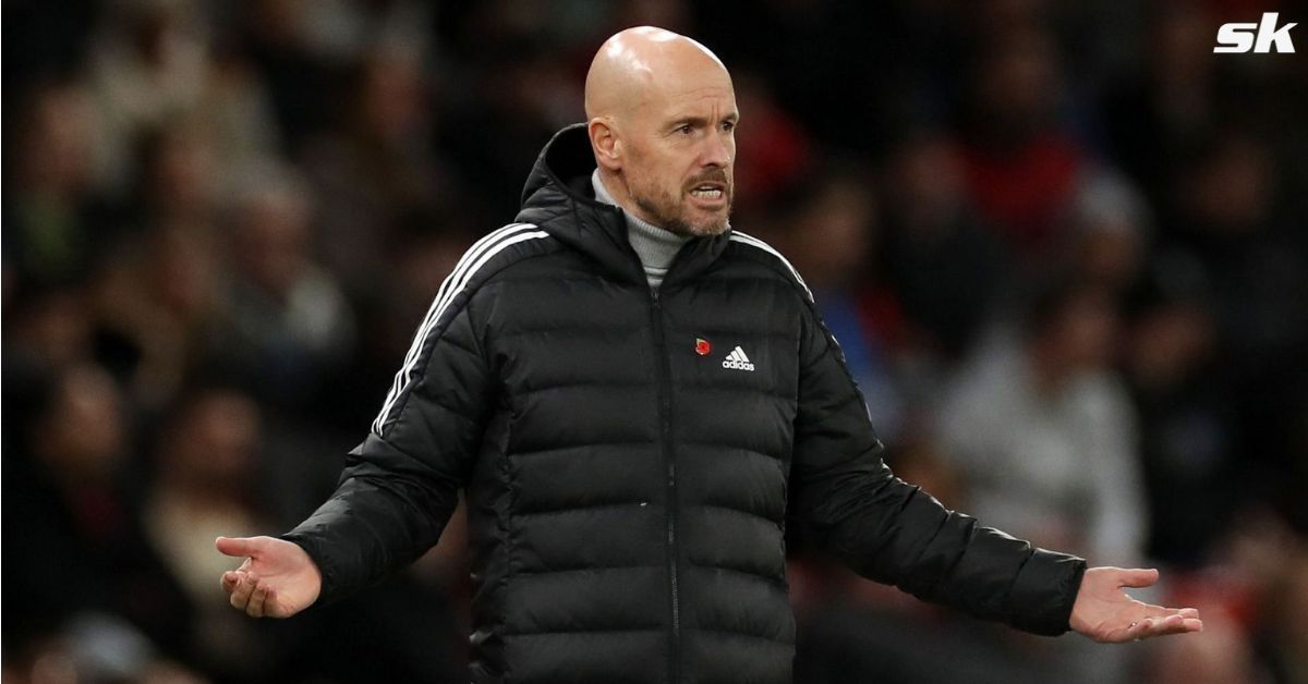 Manchester United boss Erik ten Hag looks on.