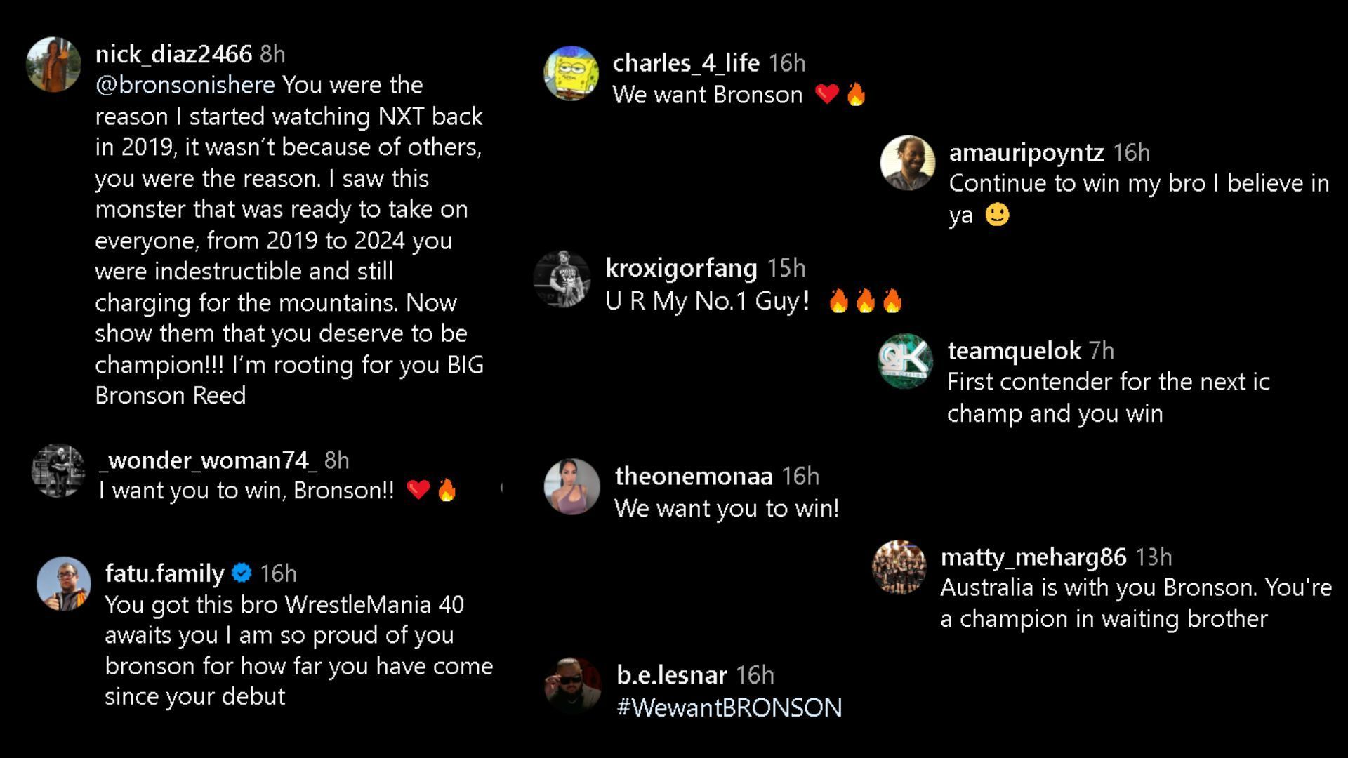 A screengrab of comments on Bronson Reed&#039;s Instagram post.