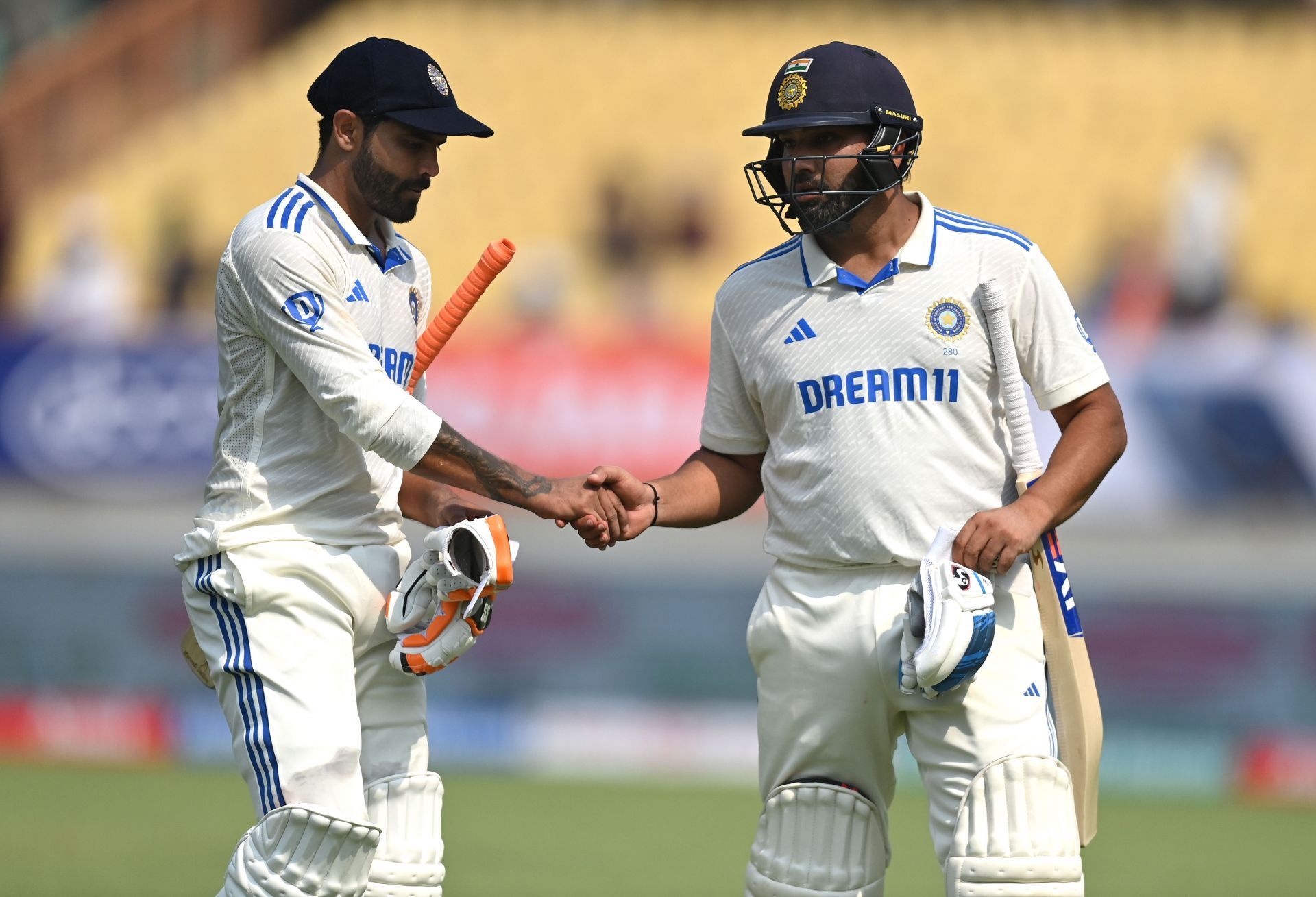 Ravi Jadeja and Rohit Sharma shake hands: India v England - 3rd Test Match: Day One