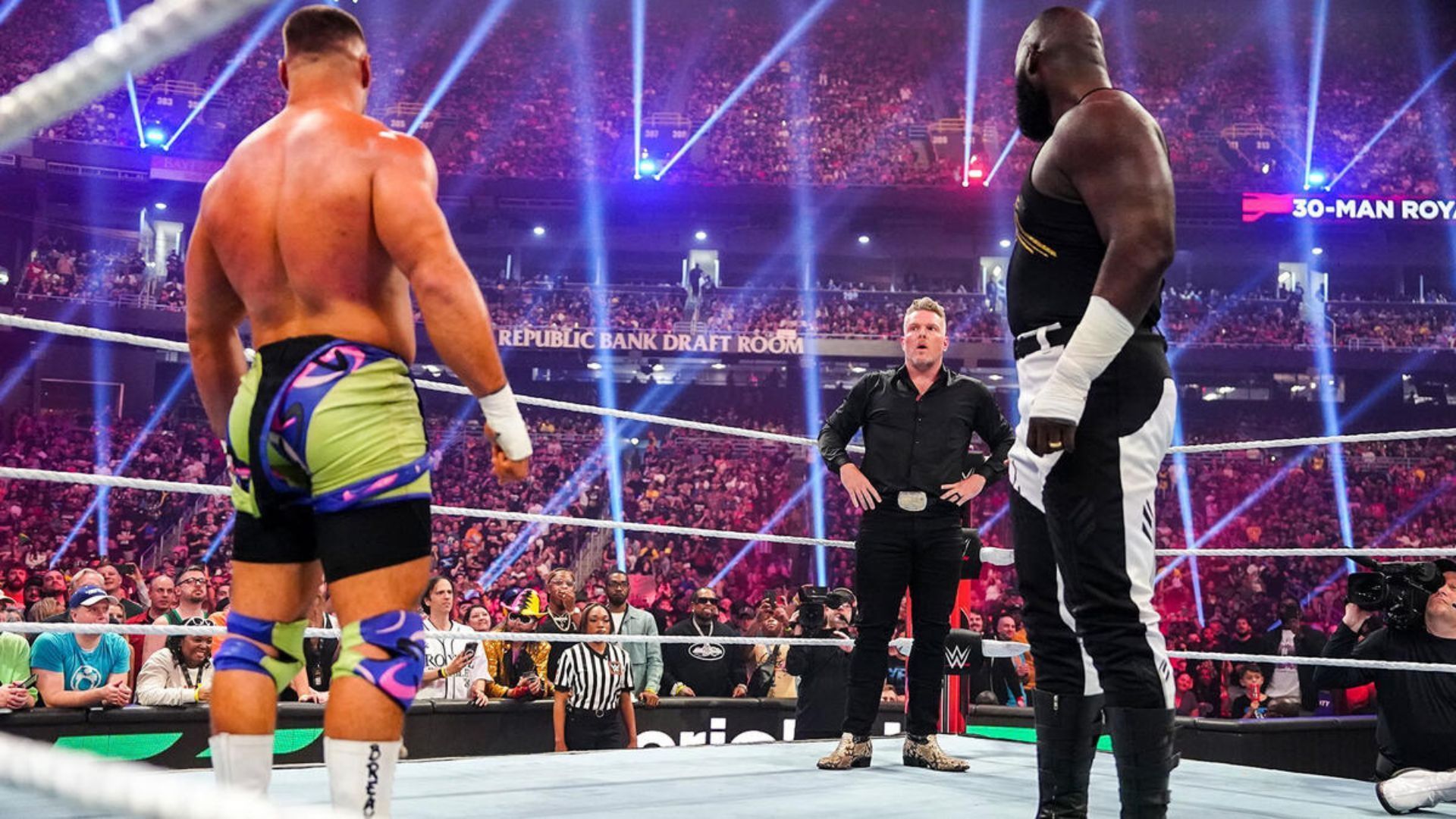 The Nigerian Giant at the 2024 Royal Rumble with Bron Breakker and Pat McAfee