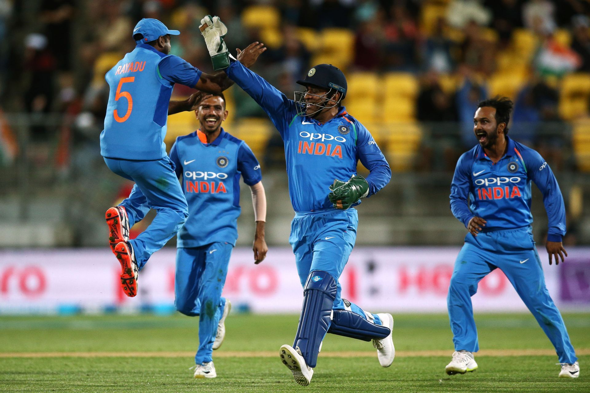 Ambati Rayudu celebrates with MS Dhoni, Kedar Jadhav and Yuzvendra Chahal.