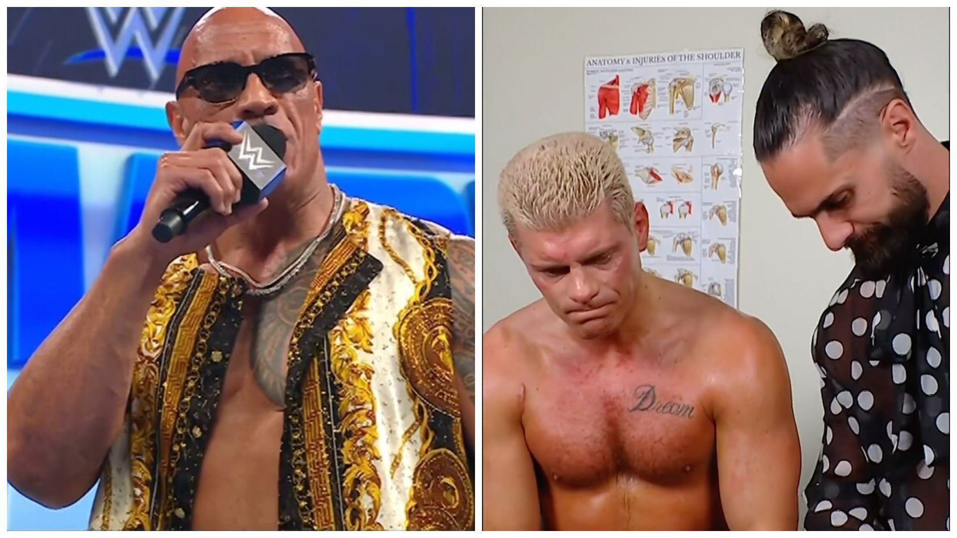 The Rock (left), Cody Rhodes and Seth Rollins (right).