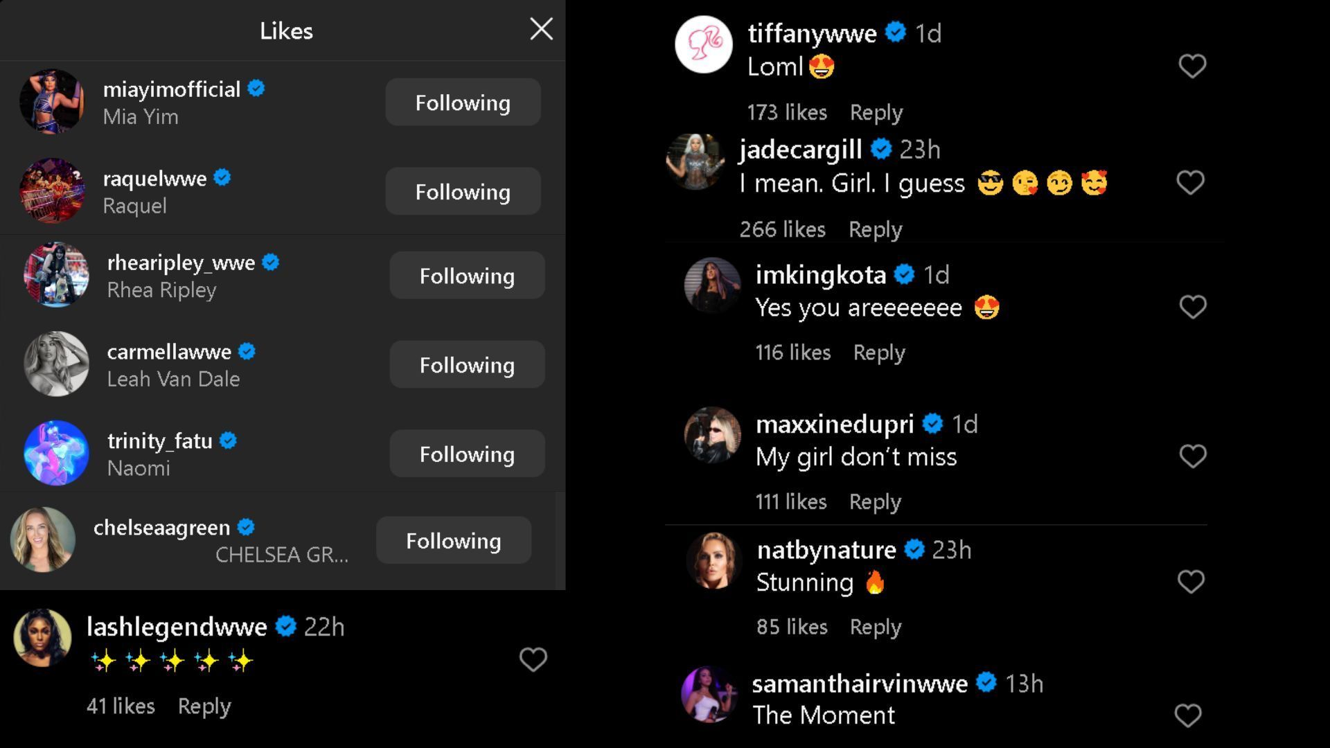 Screengrab of reactions to Nia Jax&#039;s Instagram post.