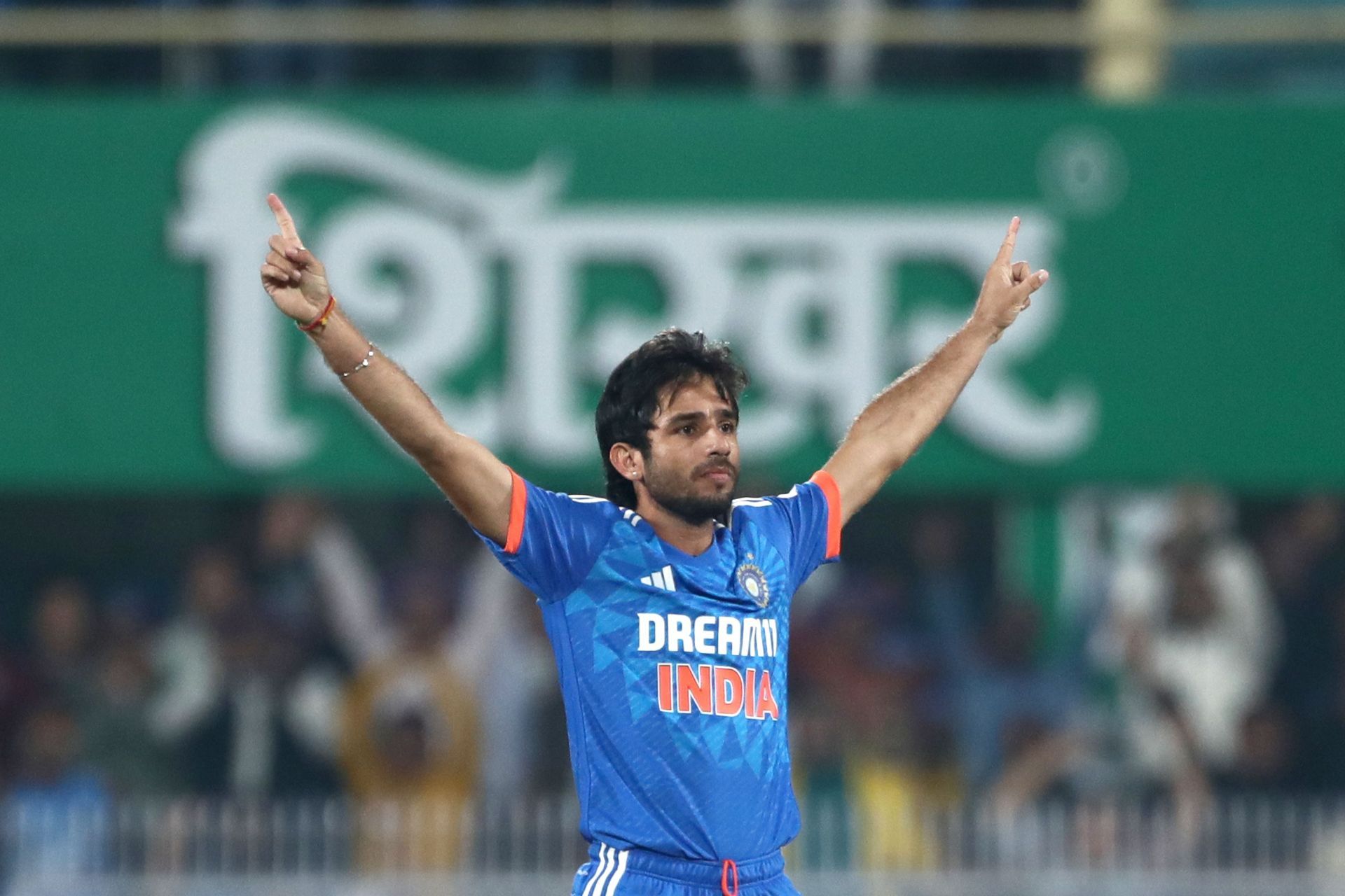 Ravi Bishnoi celebrates wicket during India v Australia - T20I Series: Game 3