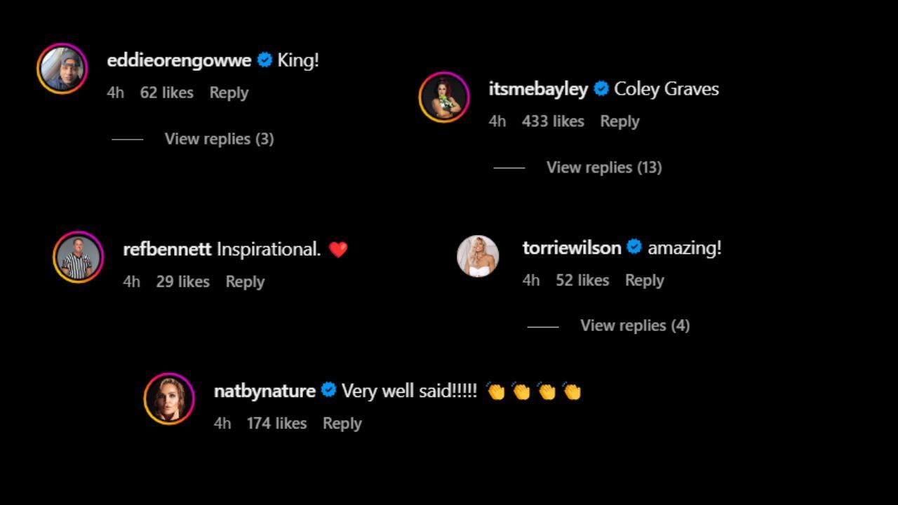 A screengrab of a few notable reactions to Carmella&#039;s post (via Carmella&#039;s Instagram)