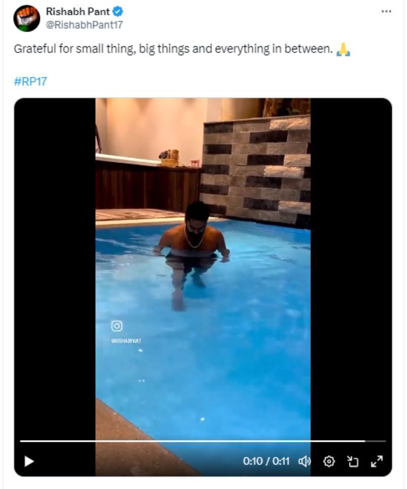 A screen grab of Pant&rsquo;s post in which he is seen taking a walk in the pool. (Pic: @RishabhPant17/ X)