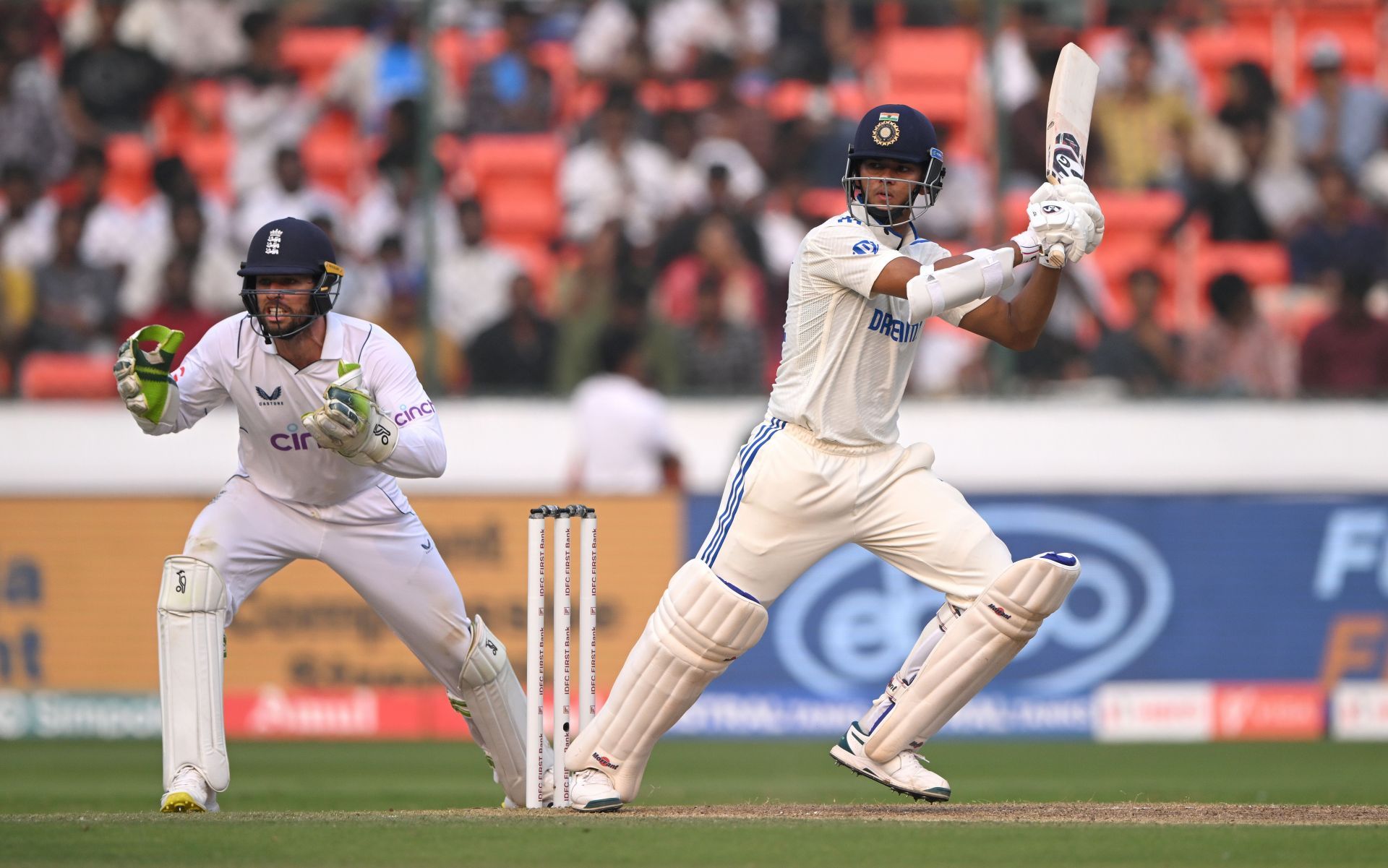 Yashasvi Jaiswal bats: India v England - 1st Test Match: Day One