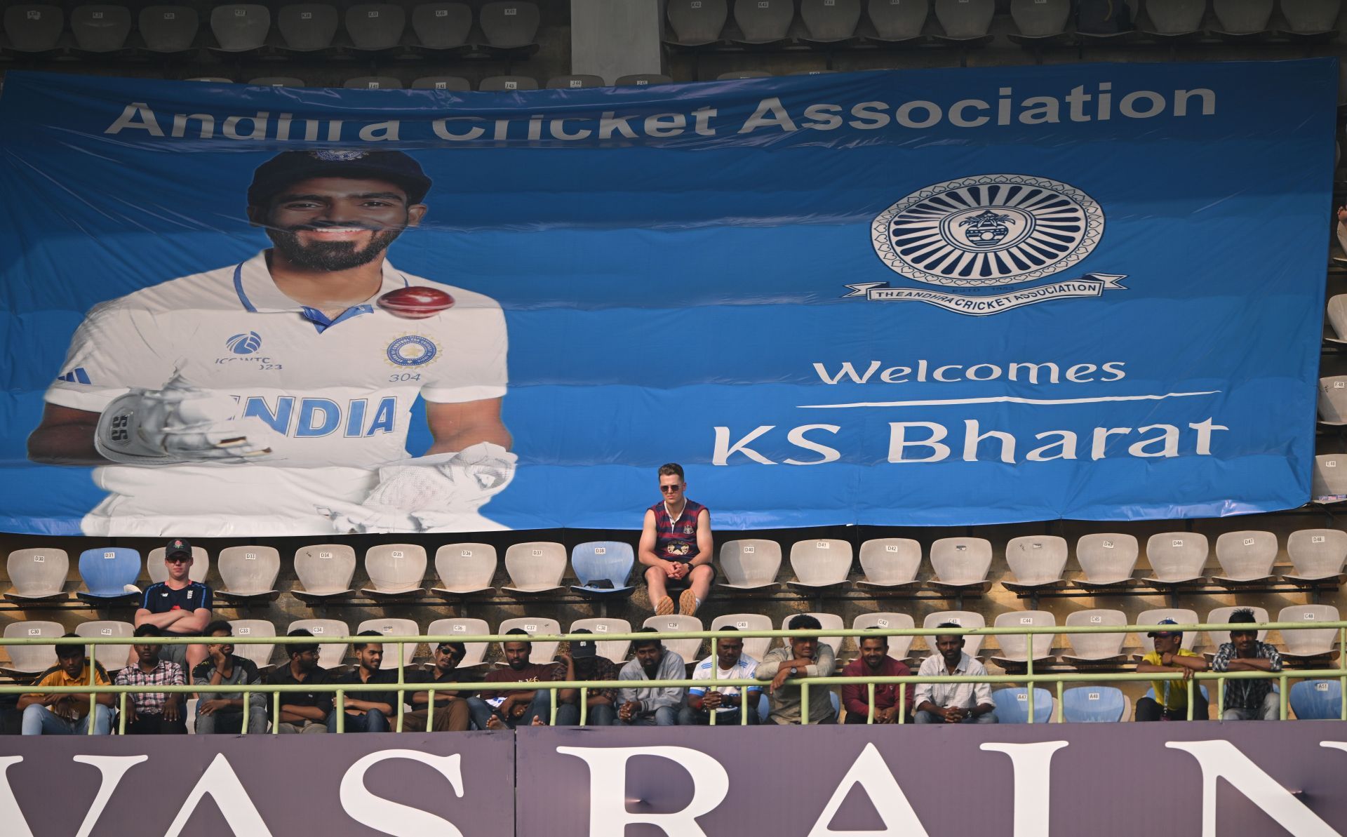 A KS Bharat banner is displayed: India v England - 2nd Test Match: Day Two