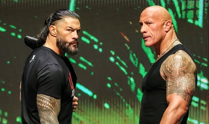 Roman Reigns and The Rock at WrestleMania Kickoff.