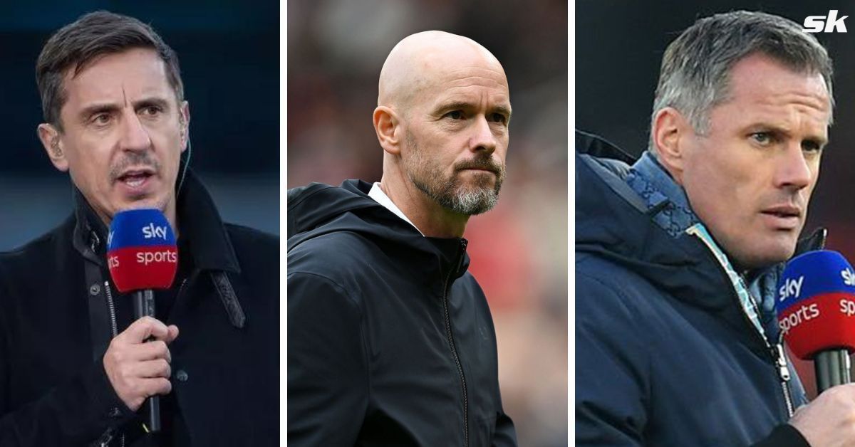 Gary Neville, Erik ten Hag, Jamie Carragher (from left to right)