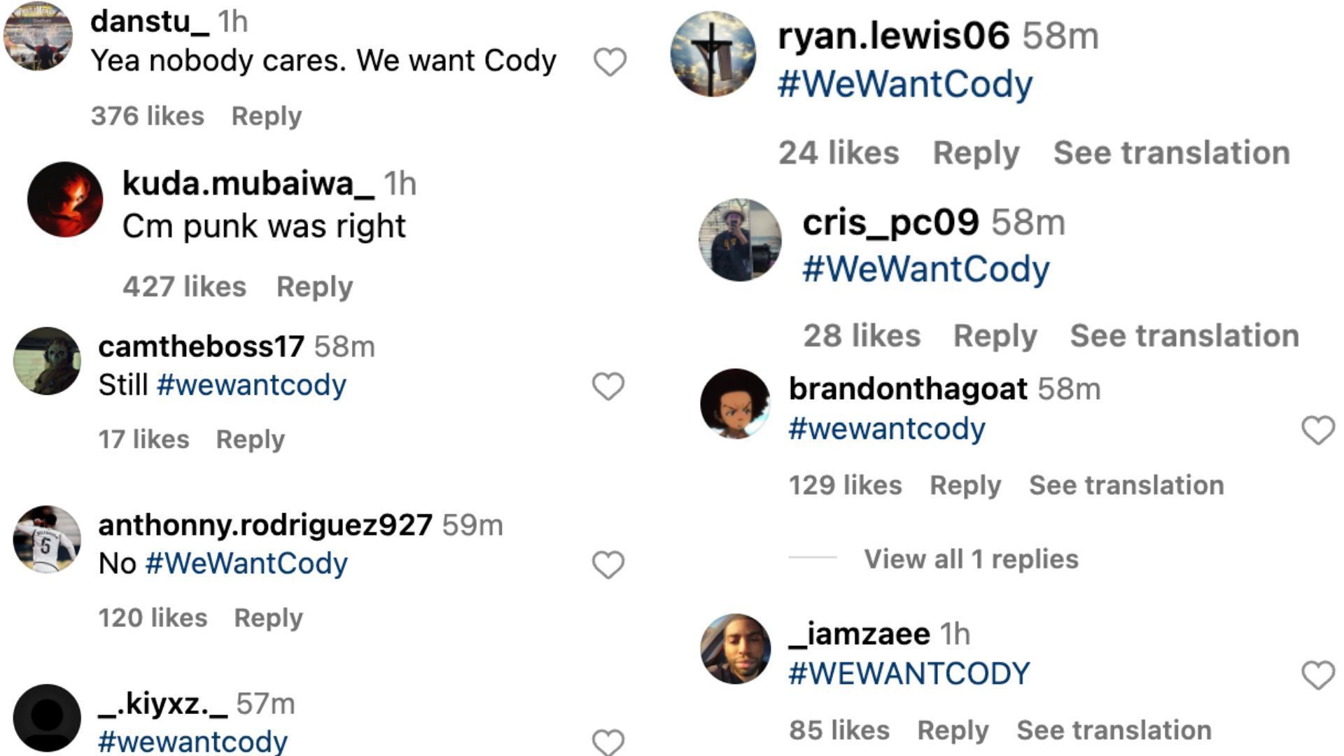 Fans comment &quot;WeWantCody&quot; on Instagram.