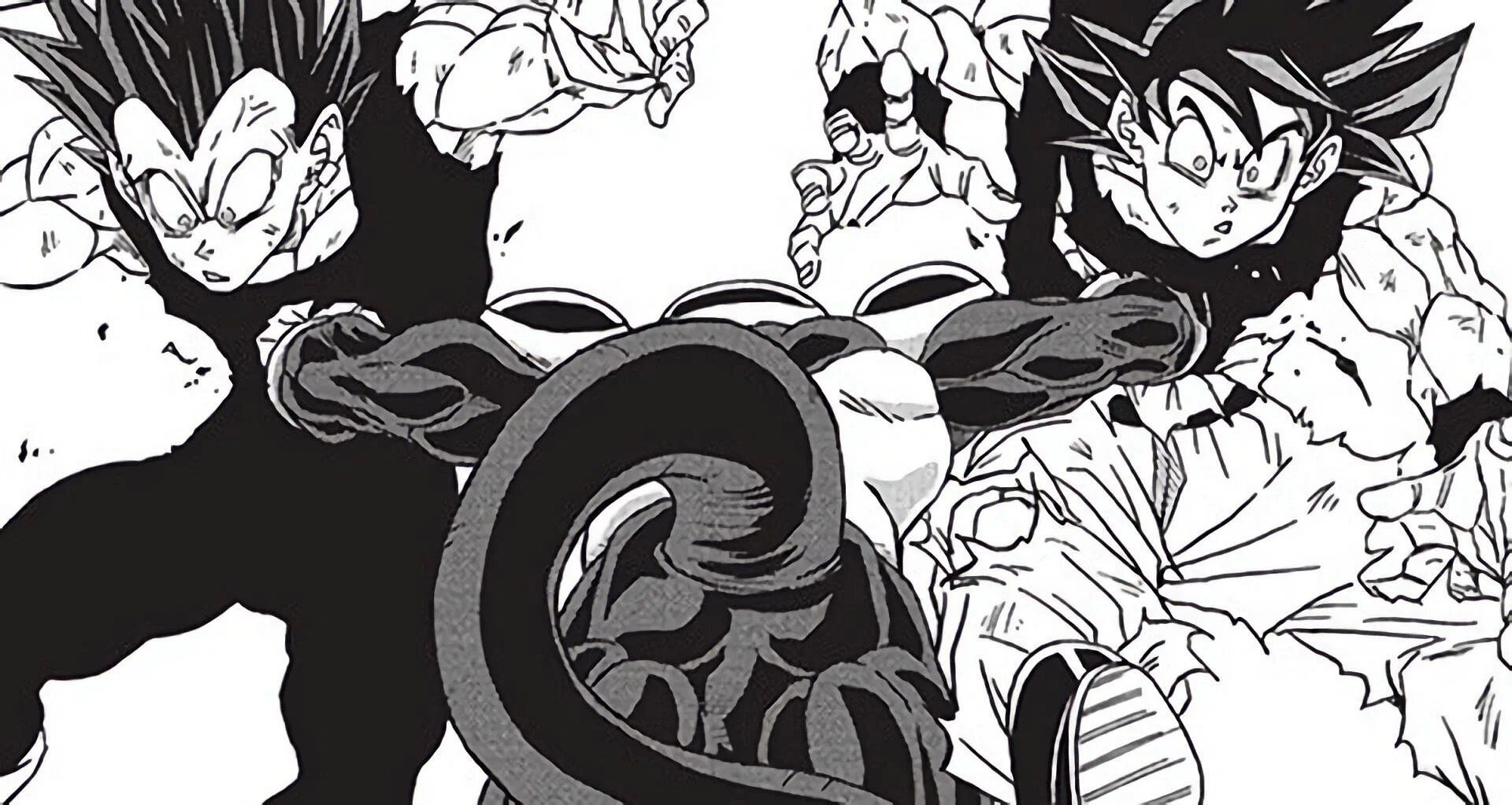 Black Frieza overpowering Goku and Vegeta in the Dragon Ball Super manga (Image via Shueisha)