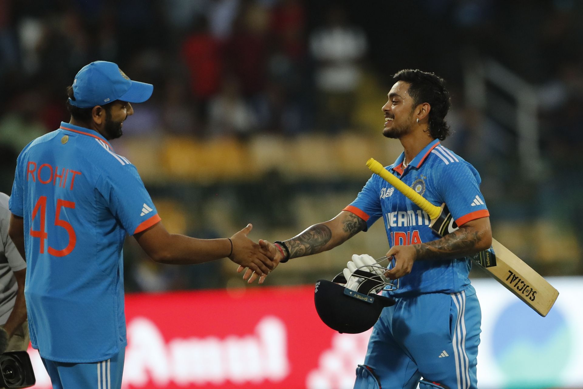 Rohit Sharma and Ishan Kishan shake hands: India v Sri Lanka - Asia Cup Final