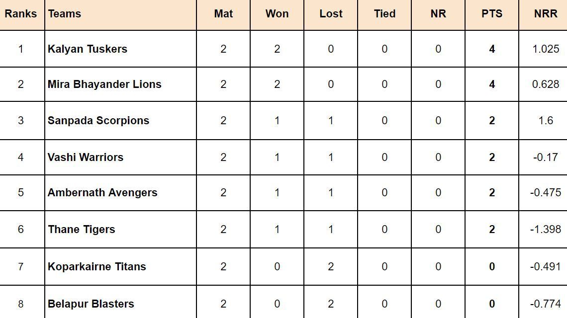 Navi Mumbai Premier League 2024 Points Table