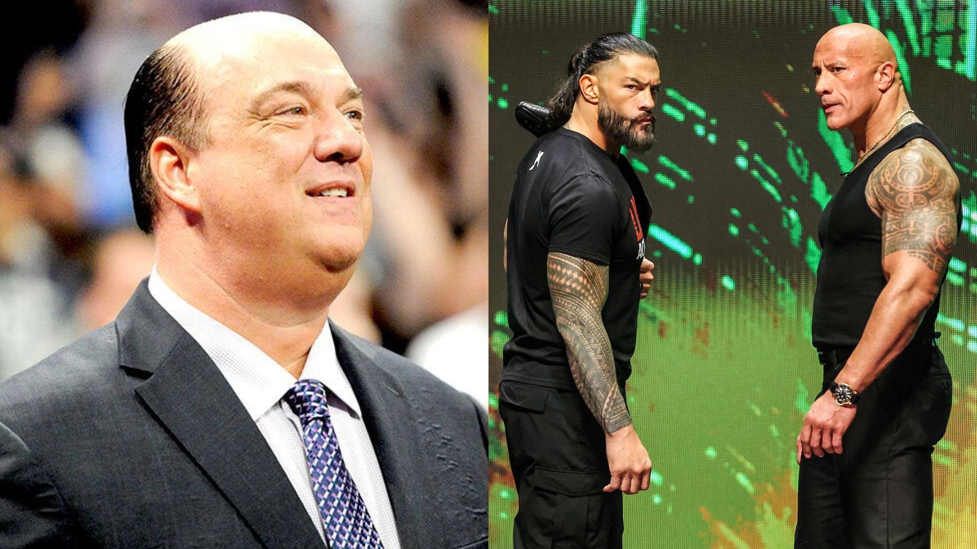 Paul Heyman (left); Roman Reigns and The Rock (right)