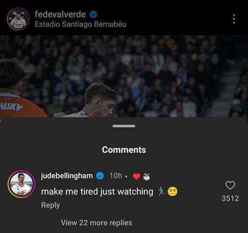 Jude Bellingham's comment on Fede Valverde's latest Instagram post.