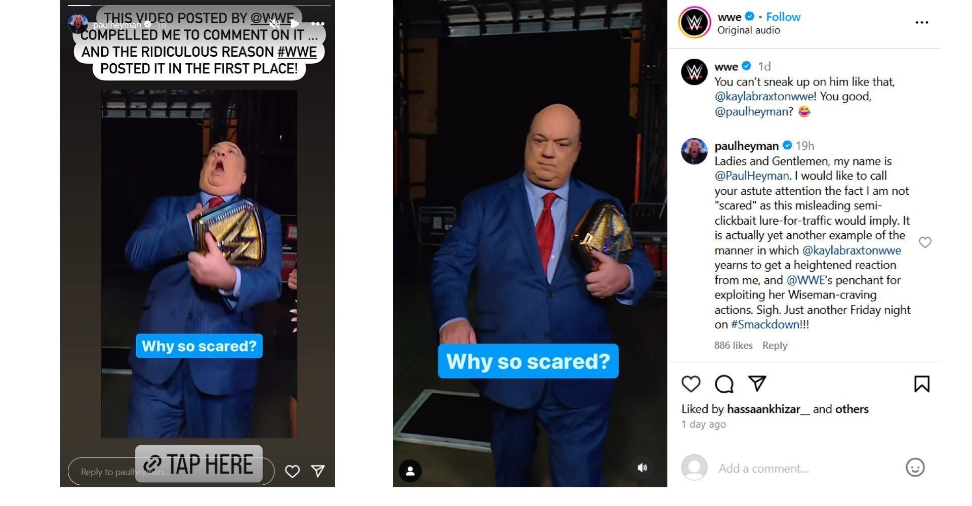 Screenshots of Paul Heyman&#039;s post to Instagram Stories and WWE&#039;s Reel